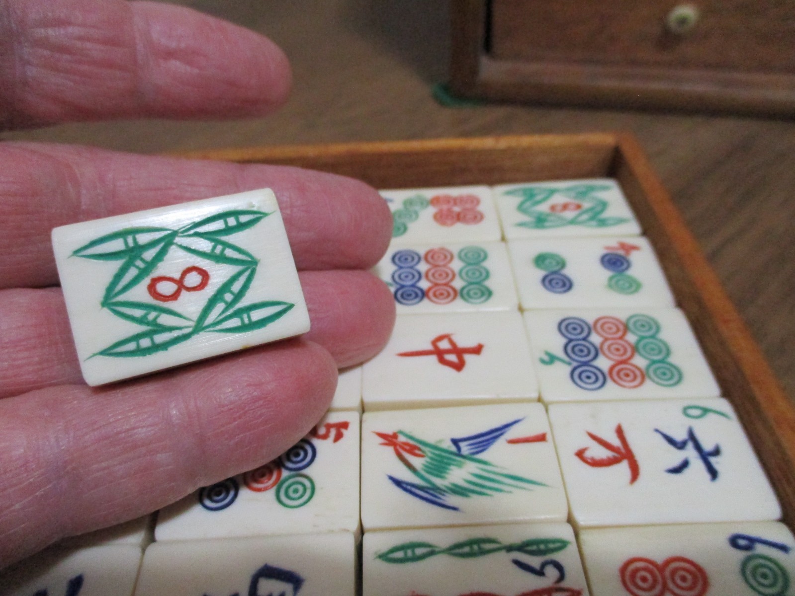 Antique Mahjong 5 Drawer Wood Box Set Bamboo Bone Mah-Jongg
