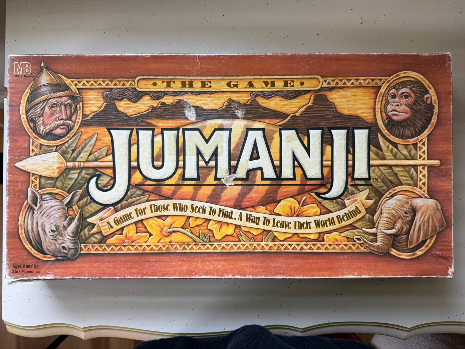 1995 Jumanji Board Game Milton Bradley Complete w Sand Timer Rhino