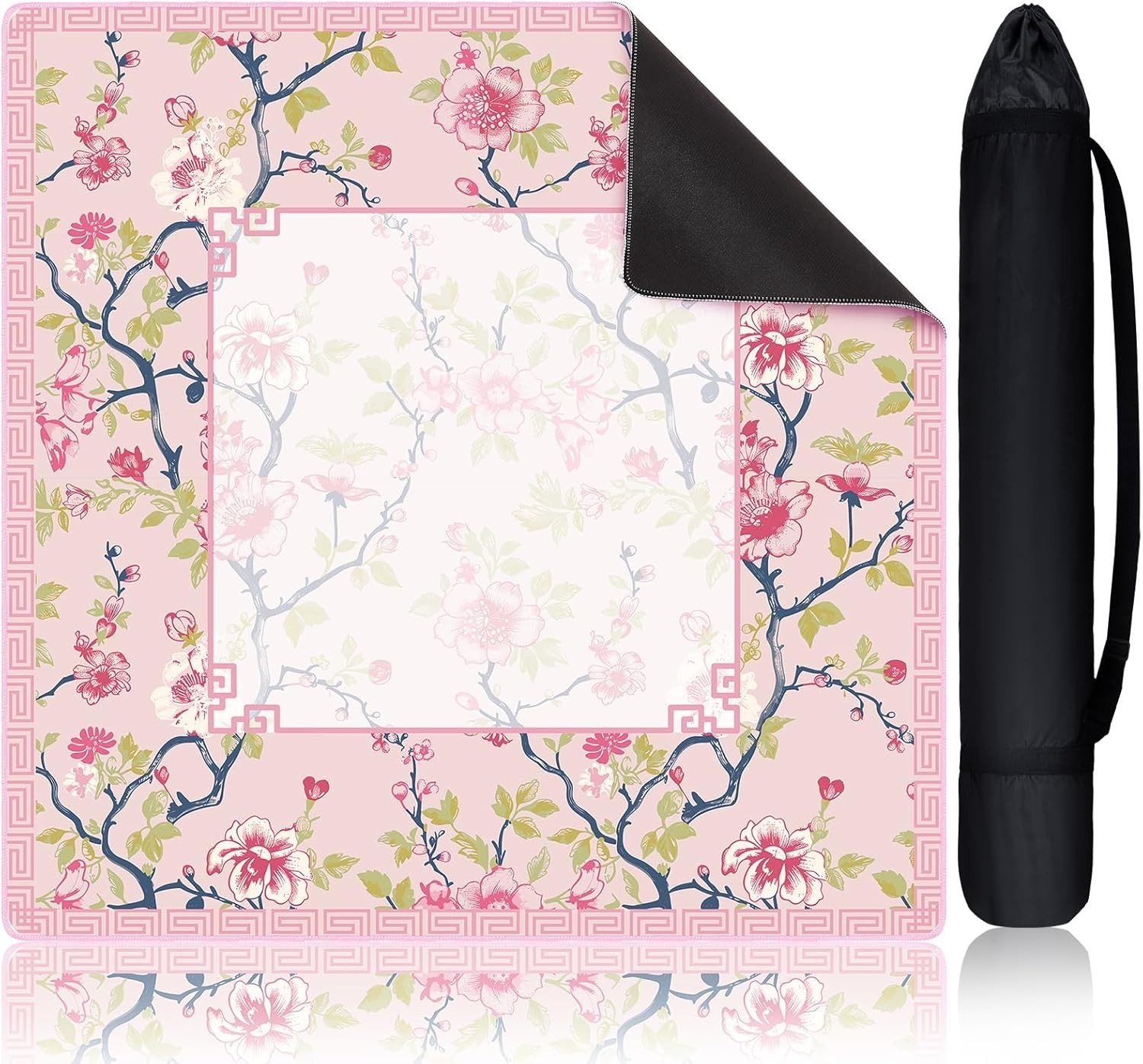 Chinoiserie Mahjong Mat with 1 Carrying Bag 31.5″ x 31.5″ Pink and White Rubb…