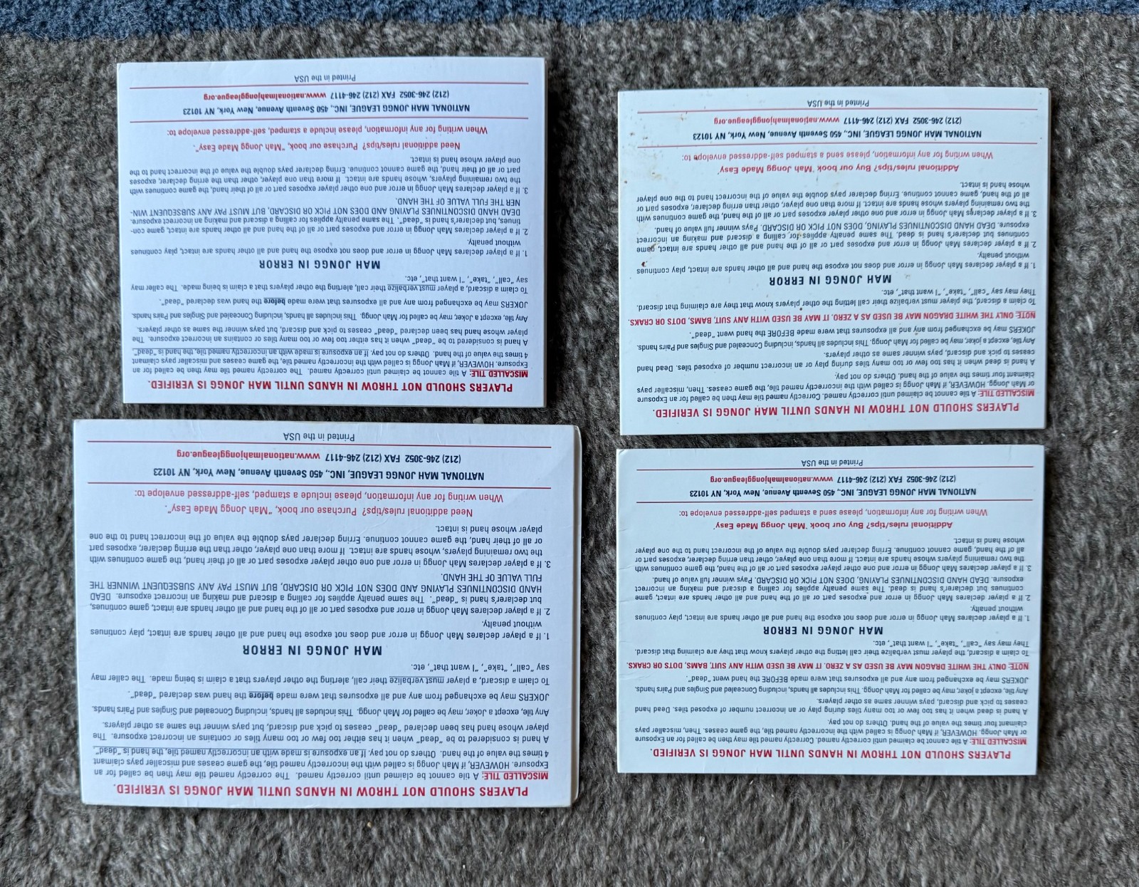 8 National Mah Jongg League Standard Hands And Rules Cards 2019 – 2022 (2 each)