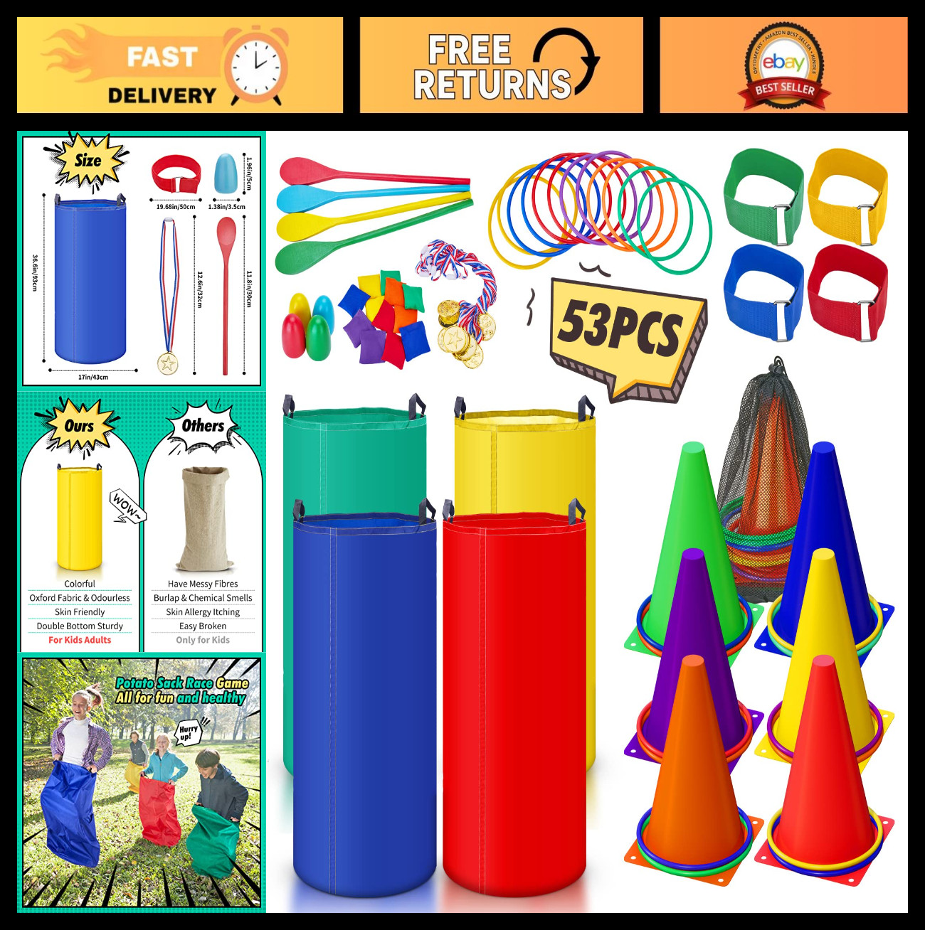53PCS Outdoor Carnival Games Set – Bean Bags, Ring Toss, Potato Sack Race & Egg