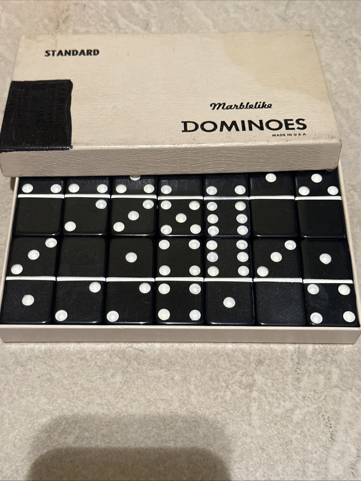 Vintage Puremco Marblelike Dominoes #616 Standard Domino Set In Box *Black