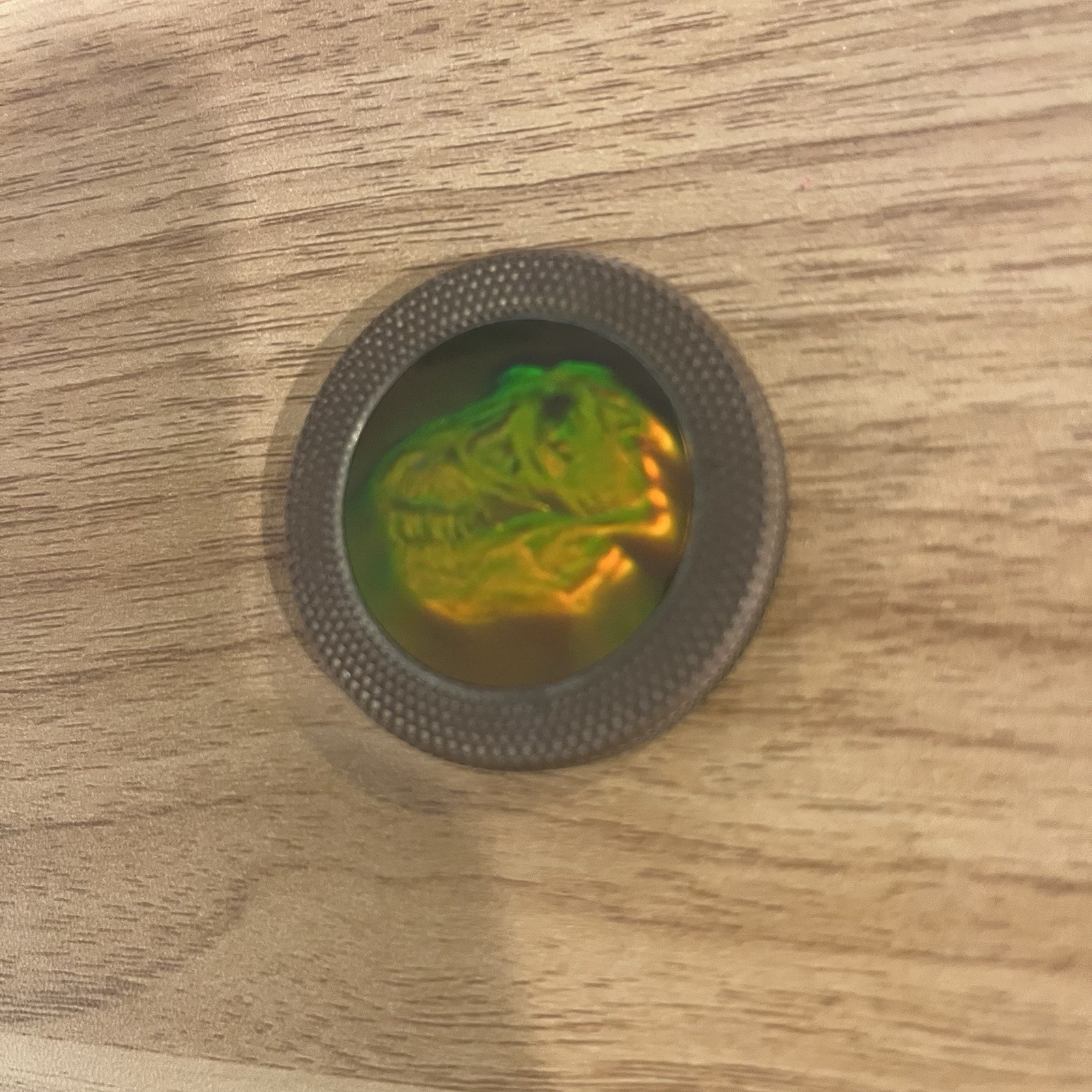 Vintage 90s Heavy Metal POG Slammer Holographic Green T-Rex Skull Dinosaur