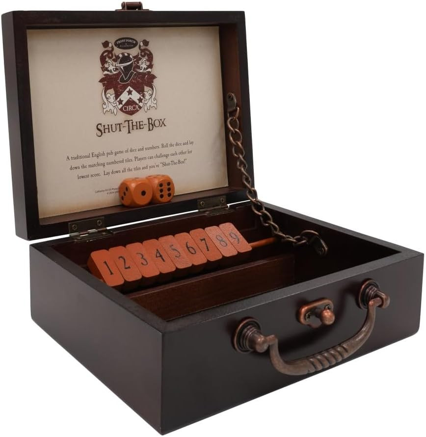 Front Porch Classics, Circa Shut the Box, Wooden 9 Number Dice Game with Case fo