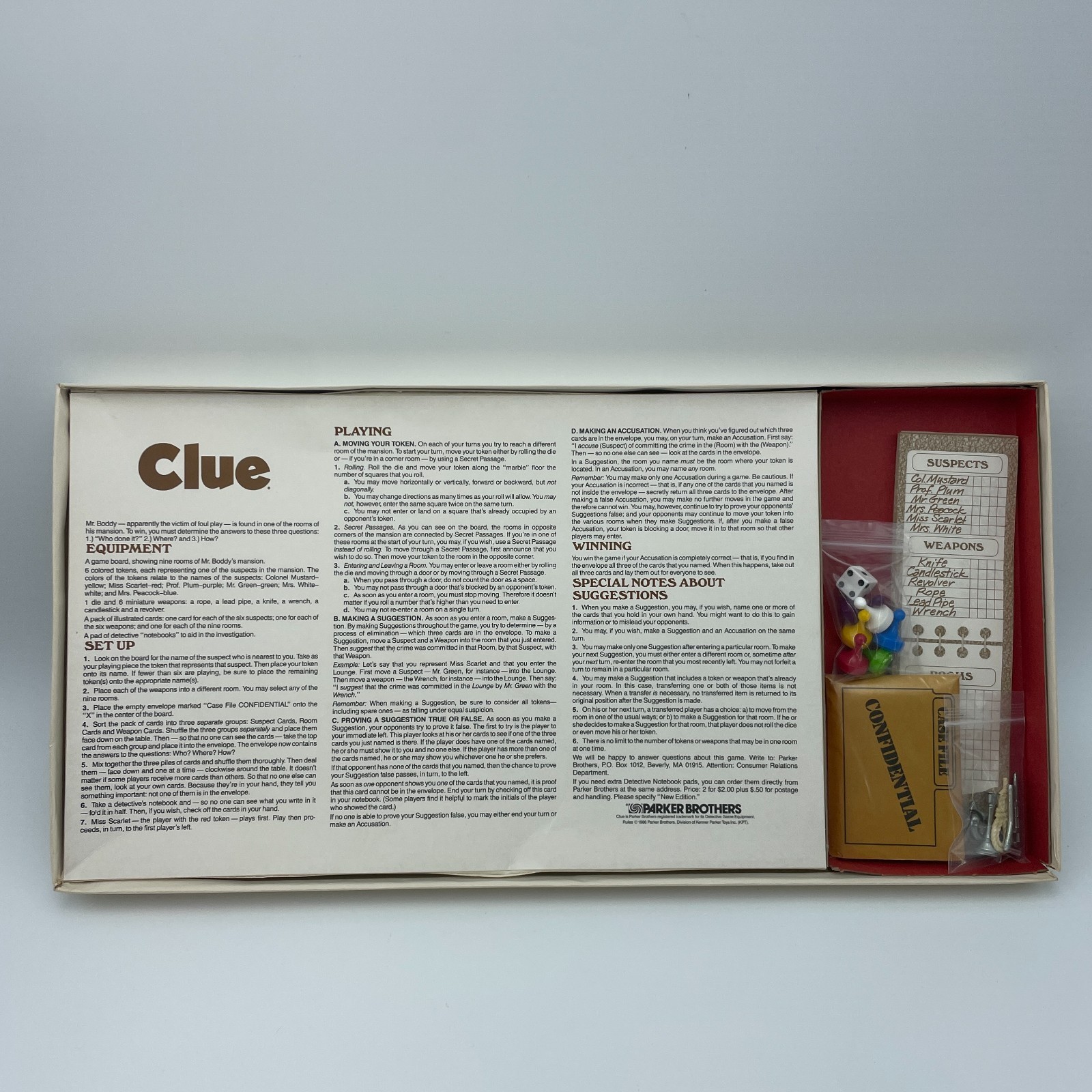 PARKER BROTHERS Clue Board Game Classic Detective Complete Vintage 1986 USA