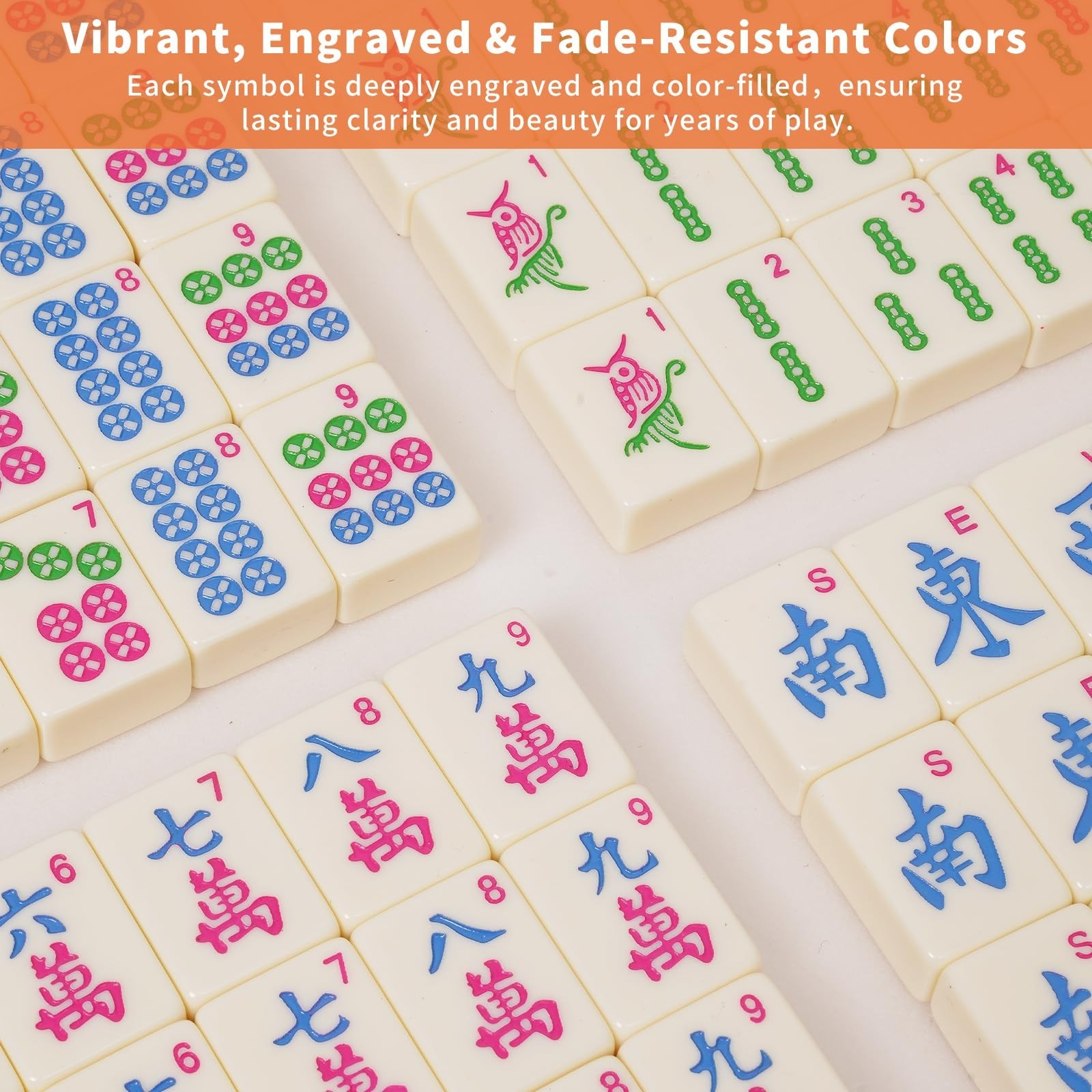 Colorful Mahjong Tile Set with 2 Dice, 166 Engraved Tiles (1.2”) – American Styl