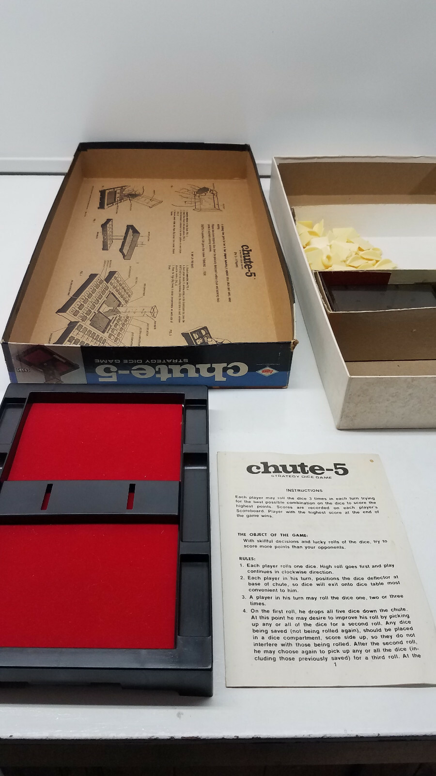 Vtg ES Lowe & Milton Bradley CHUTE-5 Yahtzee Dice Board Game Complete 1973