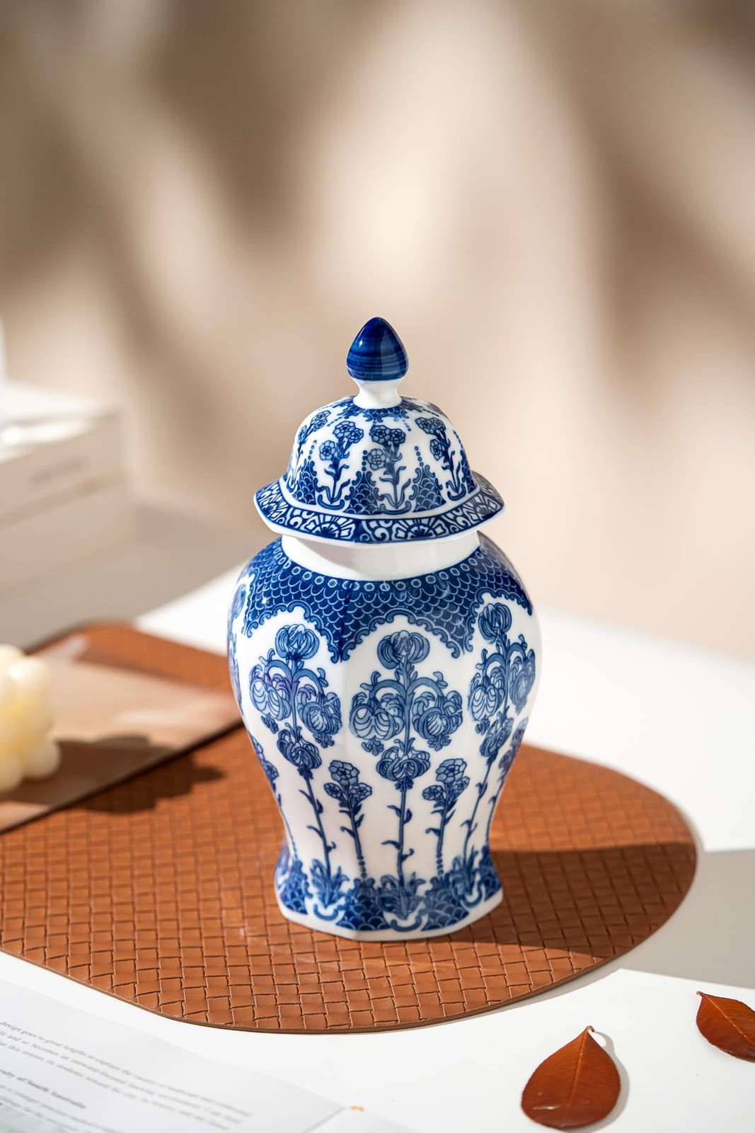 Blue and White Ginger Jar, Ceramic Chinoiserie Decorative Jars for 10″H,