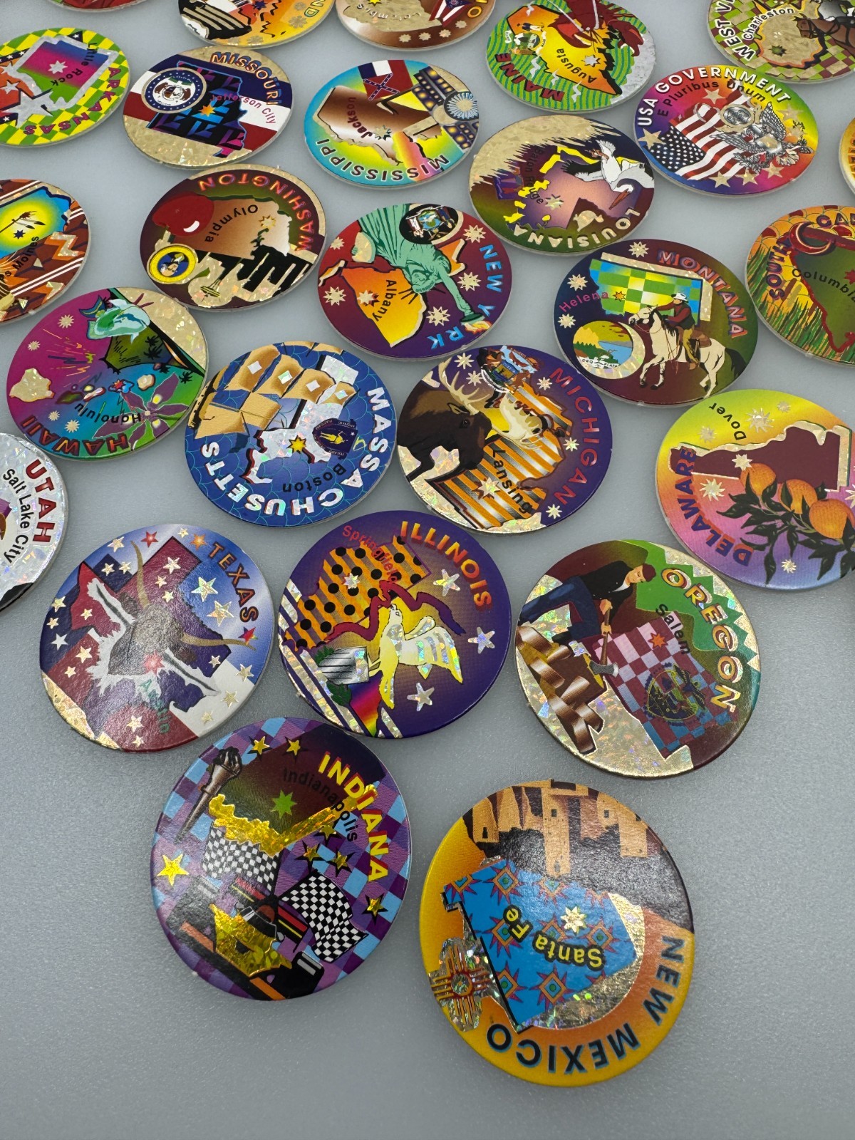 Vintage POGS incomplete Set of Foil States And Government With Rohks Container