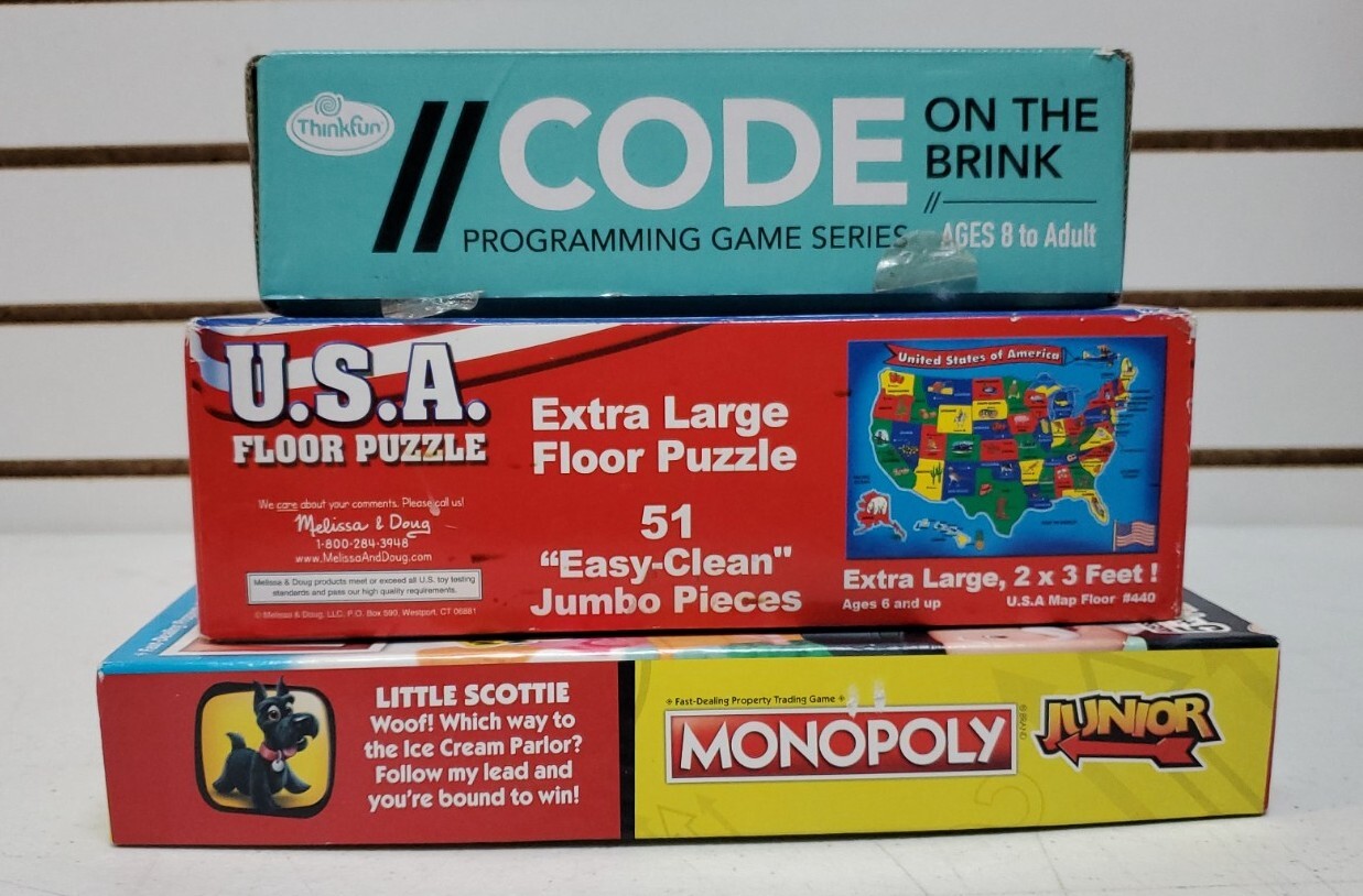 Kids Board Game Lot: Monopoly Jr, CODE on the Brink & USA XL Floor Puzzle *READ*