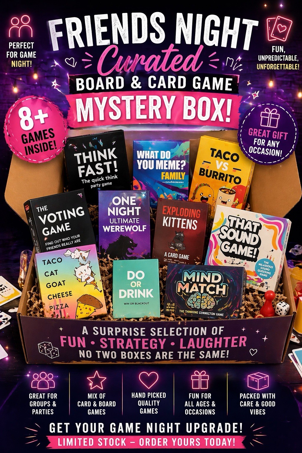 Curated Friends Game Night Mystery Box Board &Card Game Bundle Party Game Lot8+