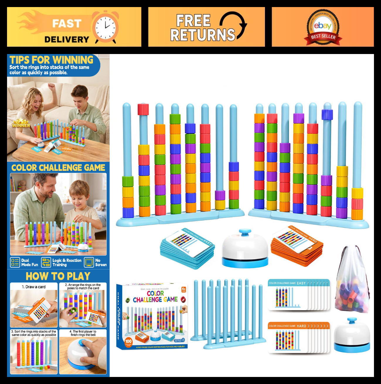Color Matching Puzzle Game – 2 Pack Family Fun, Stacking Game for Kids & Adults,