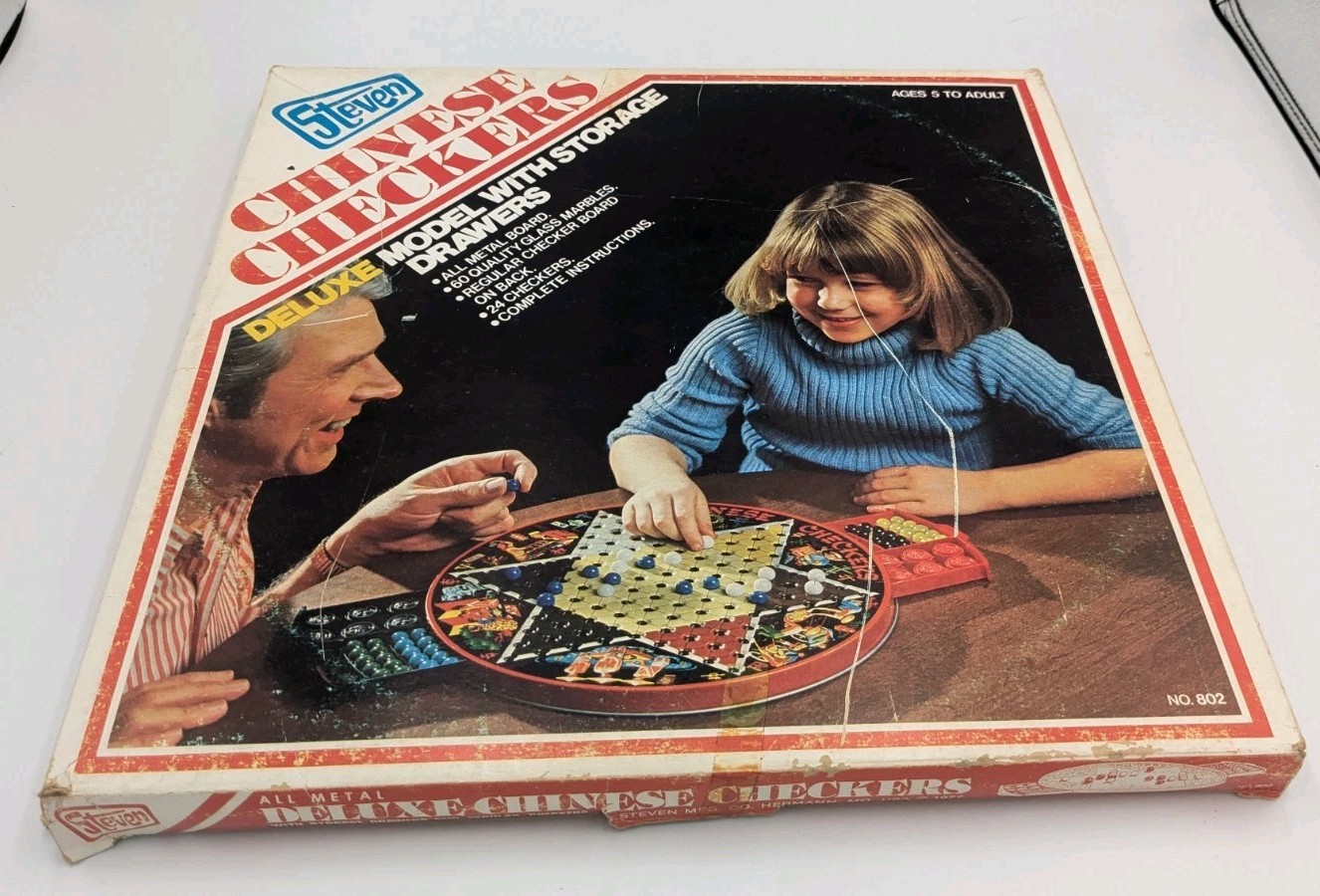 Vintage 1970s Steven Chinese Checkers Deluxe Metal Board Game – Complete in Box