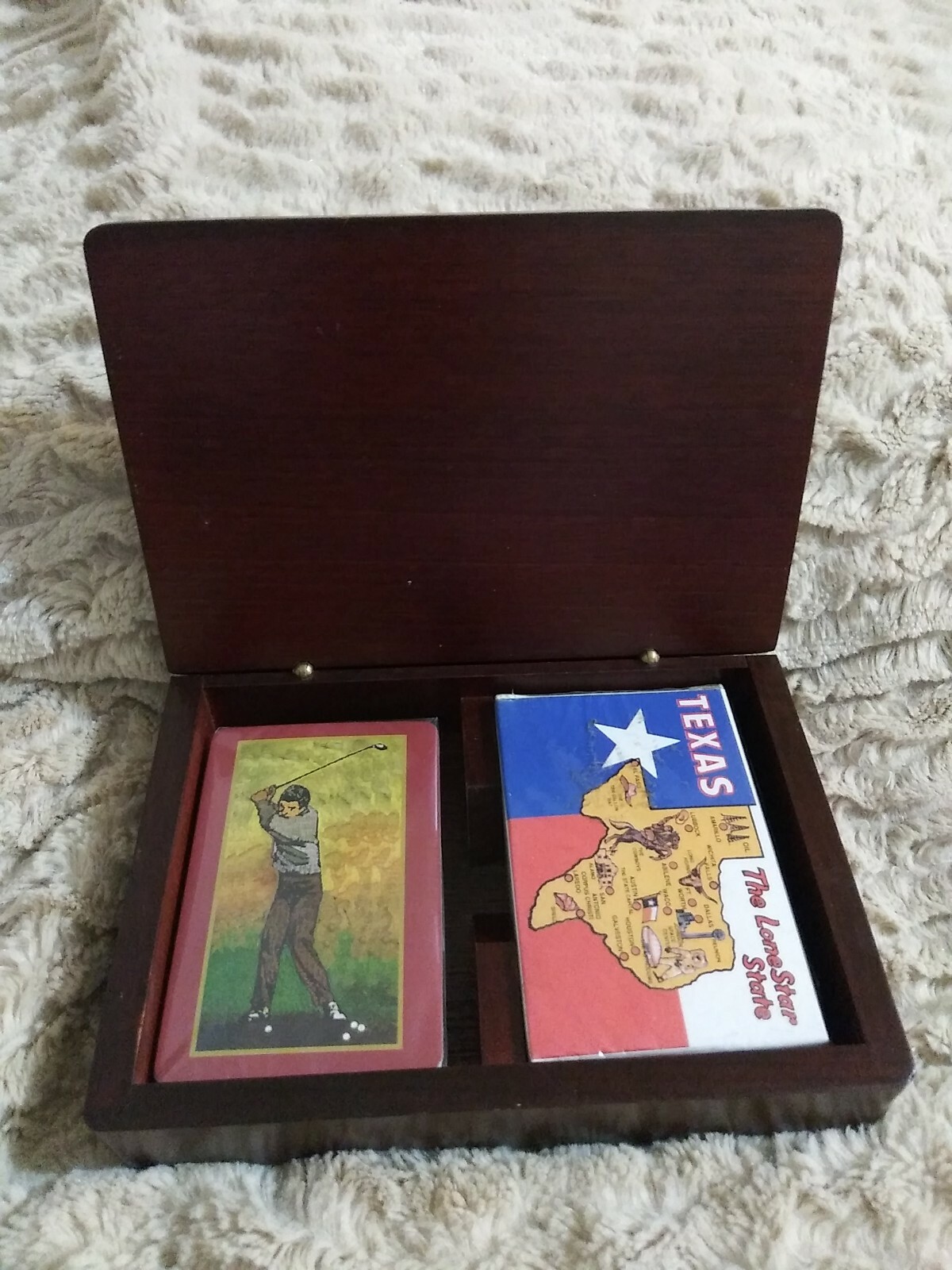 Vtge Wood Playing Card Storage Box & 2 Decks/Sealed Cards (Golf & Texas)