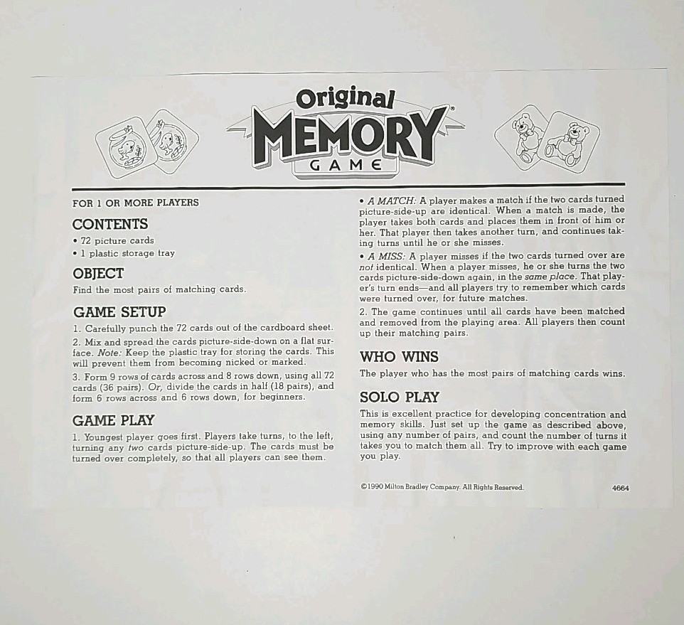 COMPLETE – 1990 Milton Bradley ORIGINAL MEMORY GAME 3-6 Years Memory Match