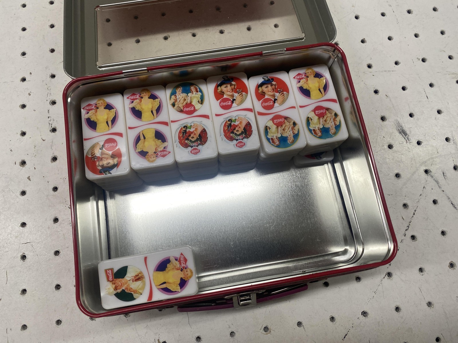 Vintage Coca-Cola 28 Super-Sized Dominoes Game Tin Complete Giant Tile Set Art
