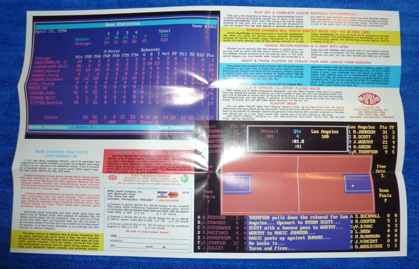 1993 APBA Pro Basketball Flyer For Game Based on 1991-92 Results Mint Condition