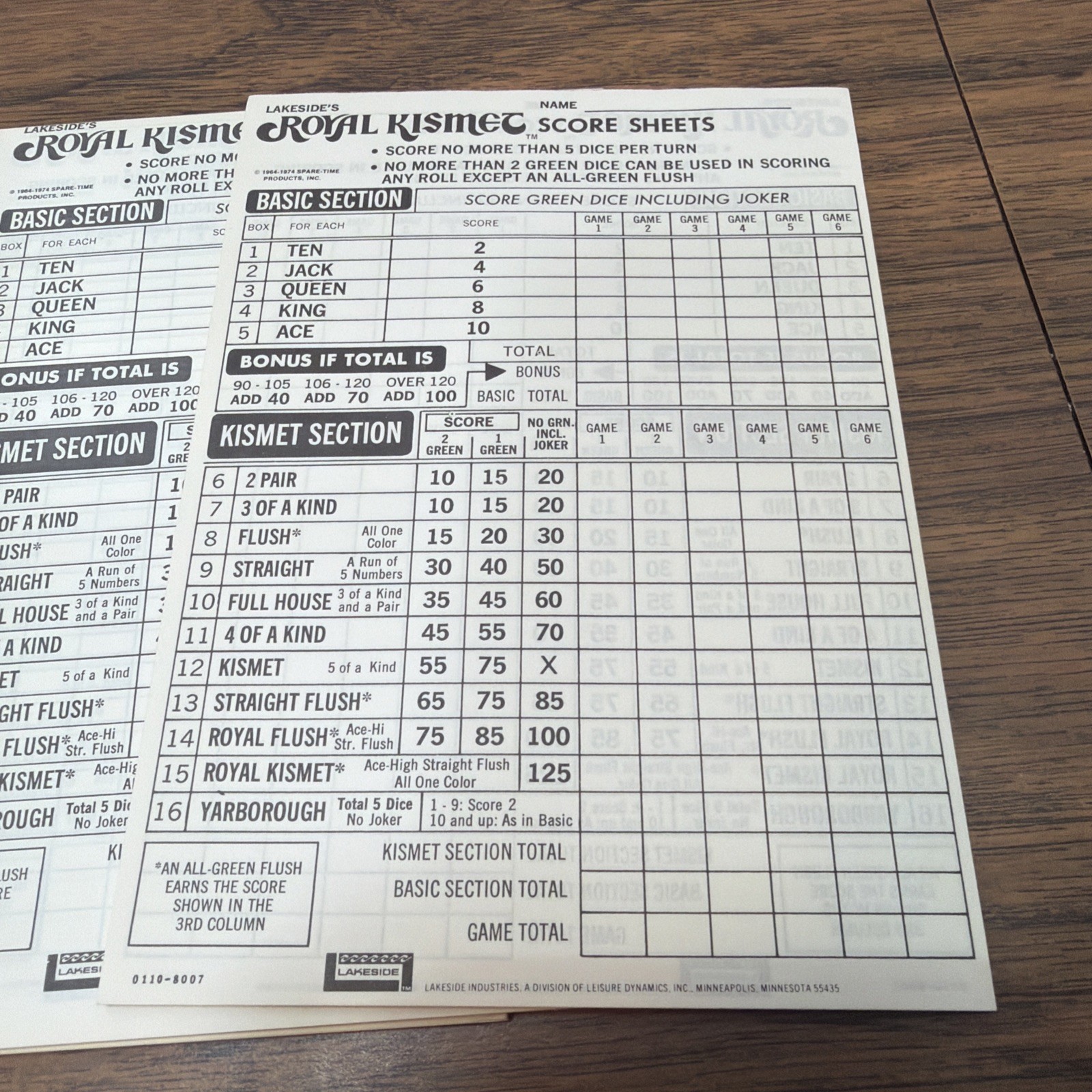 1974 Royal Kismet Poker Dice Game Lakeside – 6 Replacement Score Sheet Pads Only