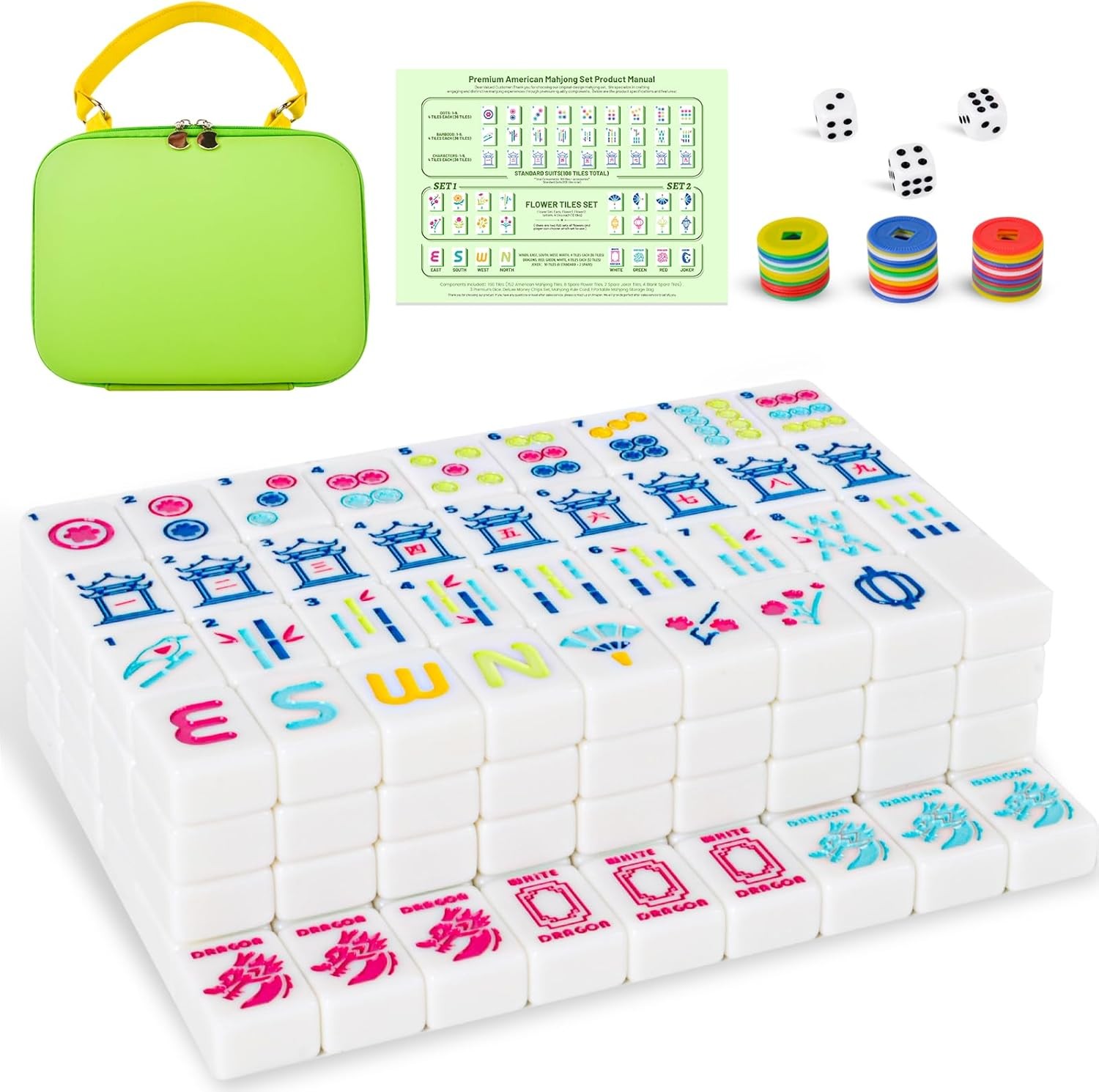 American Mahjong Tile Set 166 White Tiles w/ 2025 Cards Carrying Bag Dice Chips