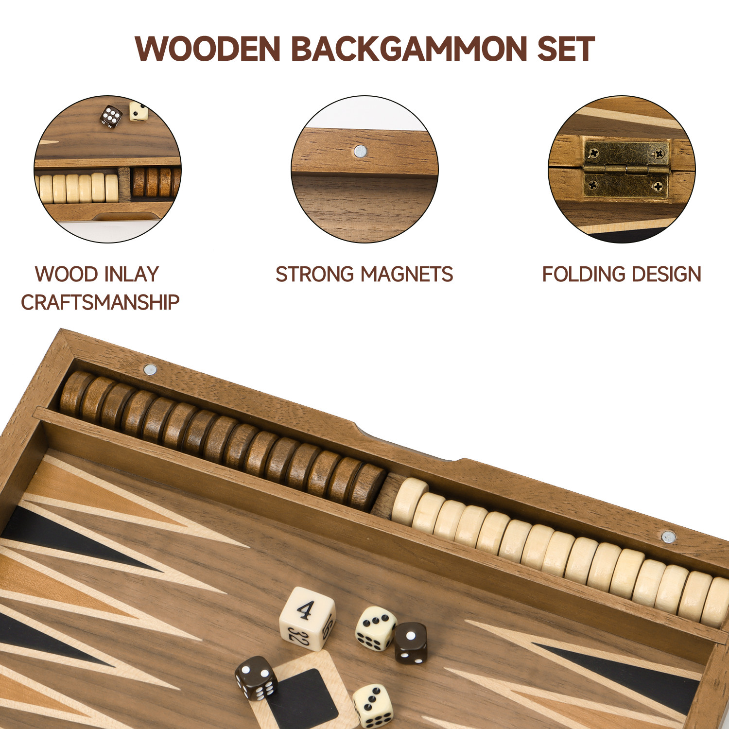 Classic 11″ Travel Wood Backgammon Board Game Set Inlay Star Board w/Game Pieces