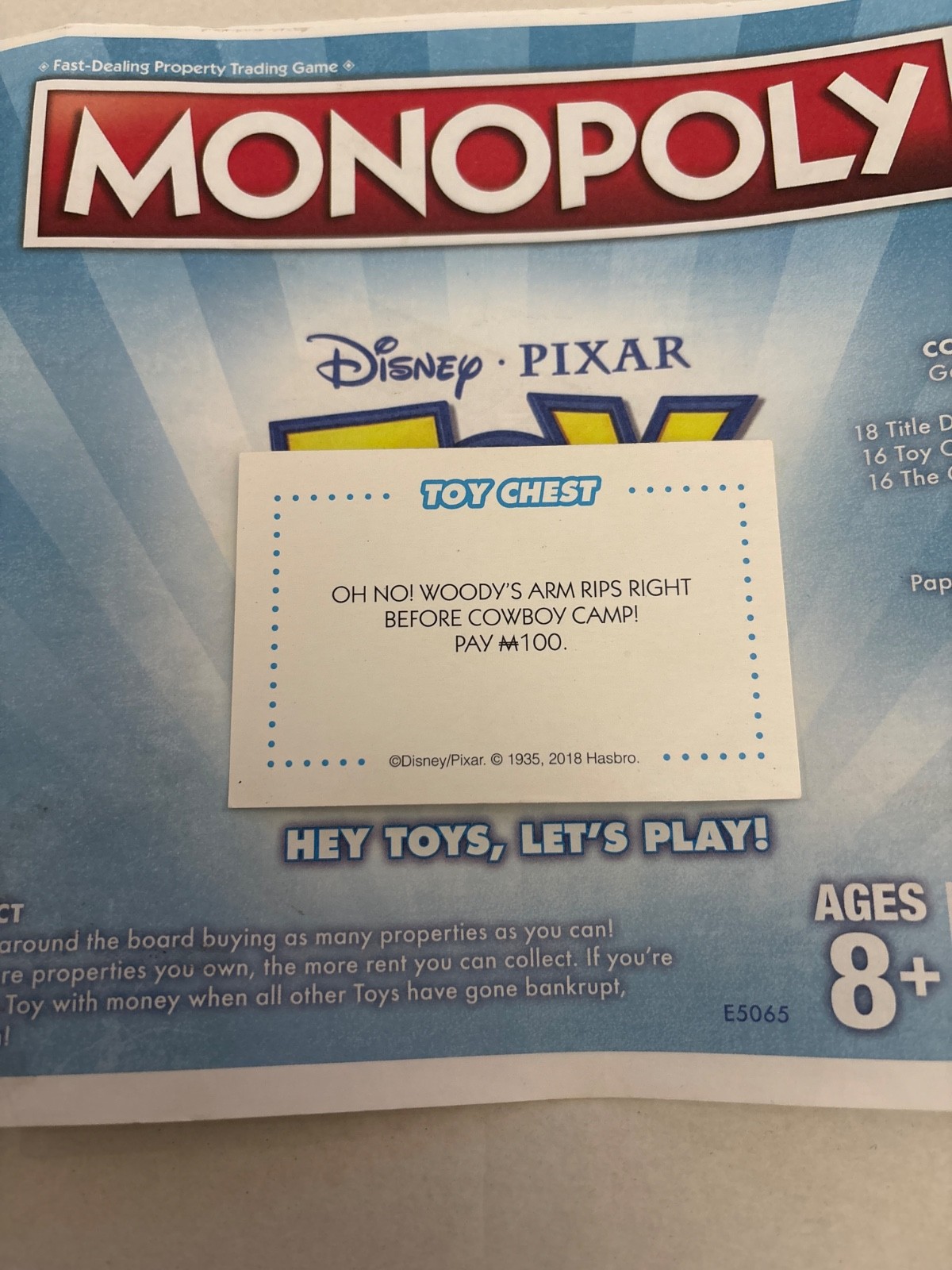 2018 Monopoly Toy Story Woody’s Arm Rips Community Chest Card Game Piece