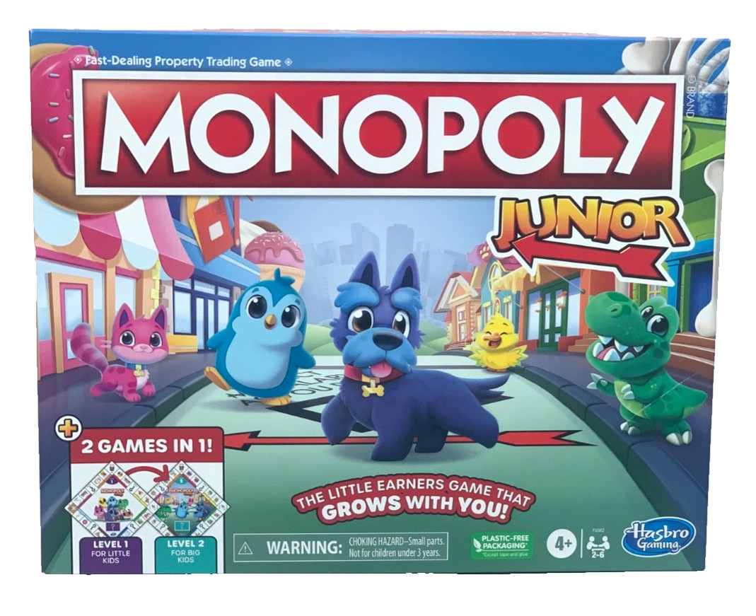 Hasbro Monopoly Junior Board Game 2 Games In 1 Level 1 & 2 Ages 4+ New In Box
