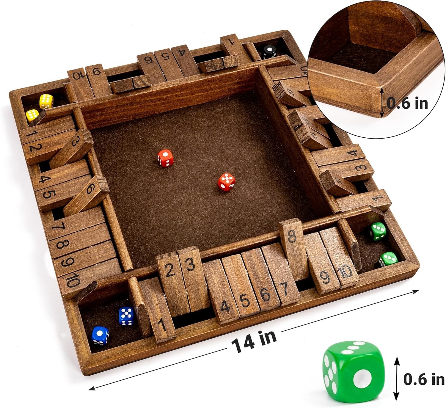 Educational Classic 4-Way Shut The Box Game – 14″ Wooden Board for All Ages