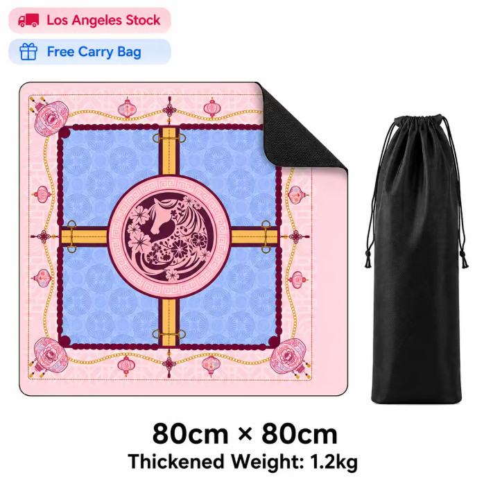 80x80cm Thickened Mahjong Table Mat Pink Horse Lantern Non-Slip Rubber Carry Bag