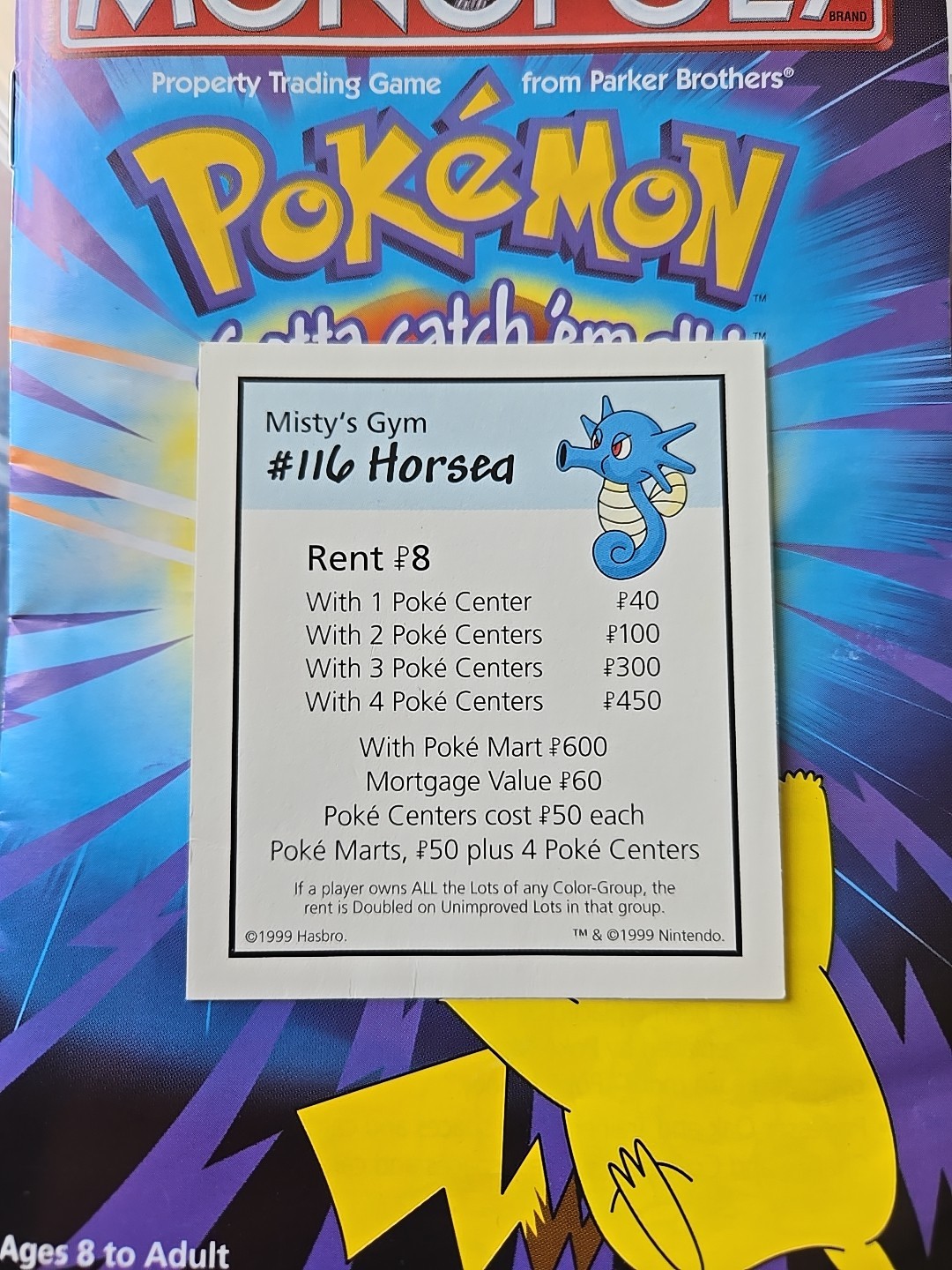 1999 Monopoly Pokémon #116 Horsea Light Blue Title Deed Card Game Piece Part