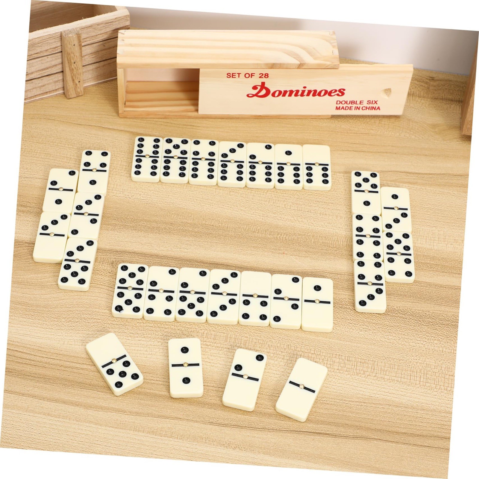 Domino Set of 28 Double Six Dominoes Wood Box Center Pins Easy Flip
