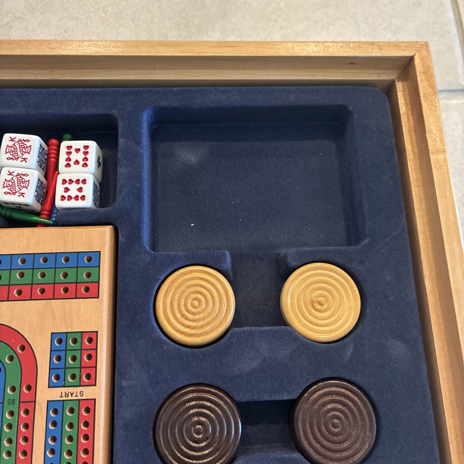 2003 Wood Case Monopoly/Sorry/Cribbage/Checkers/Chess/Cards/Poker Dice Read