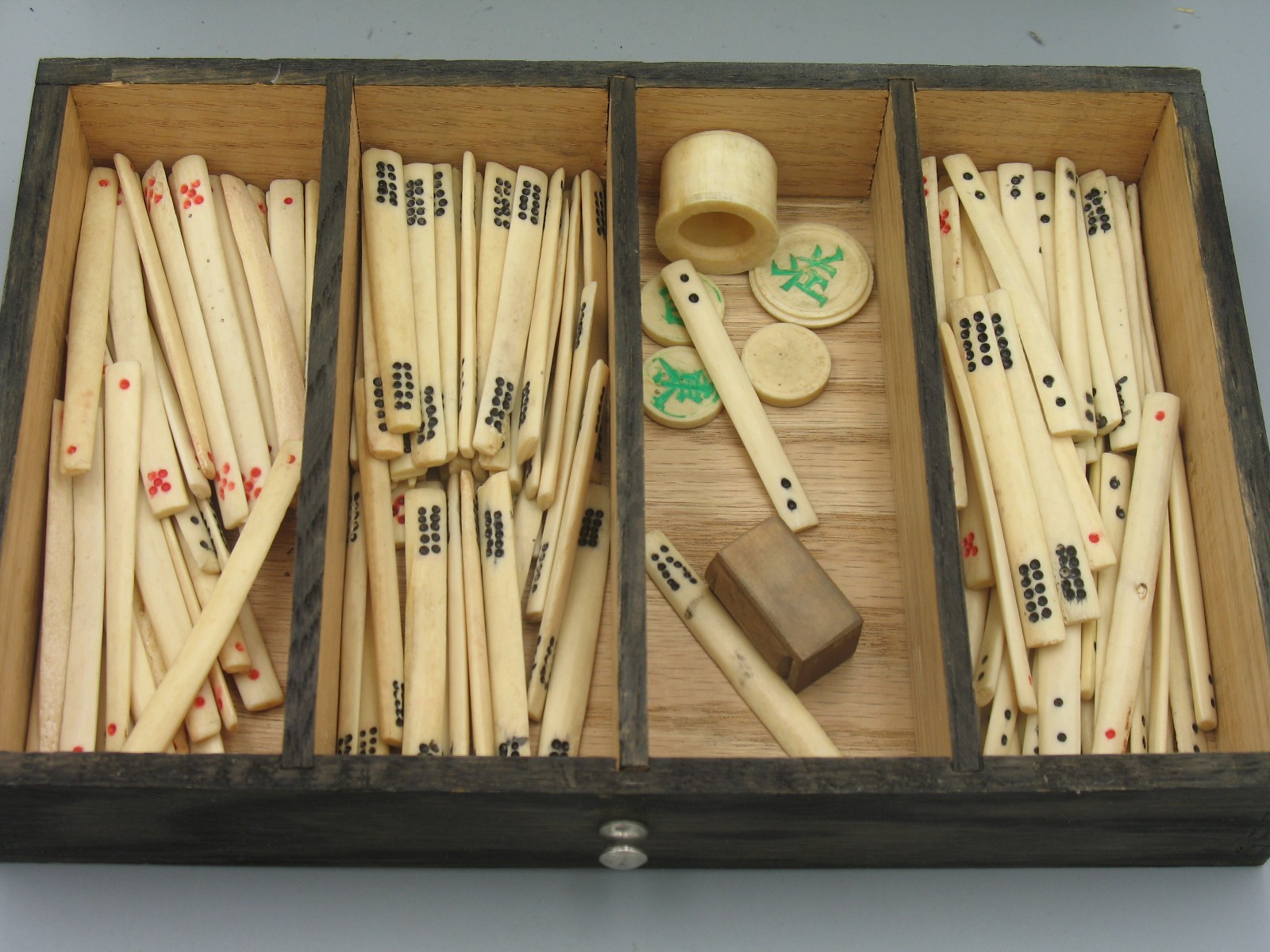 Antique Chinese Mahjong 4 Drawer Wood Box Set Bamboo Bone with Tile Holders
