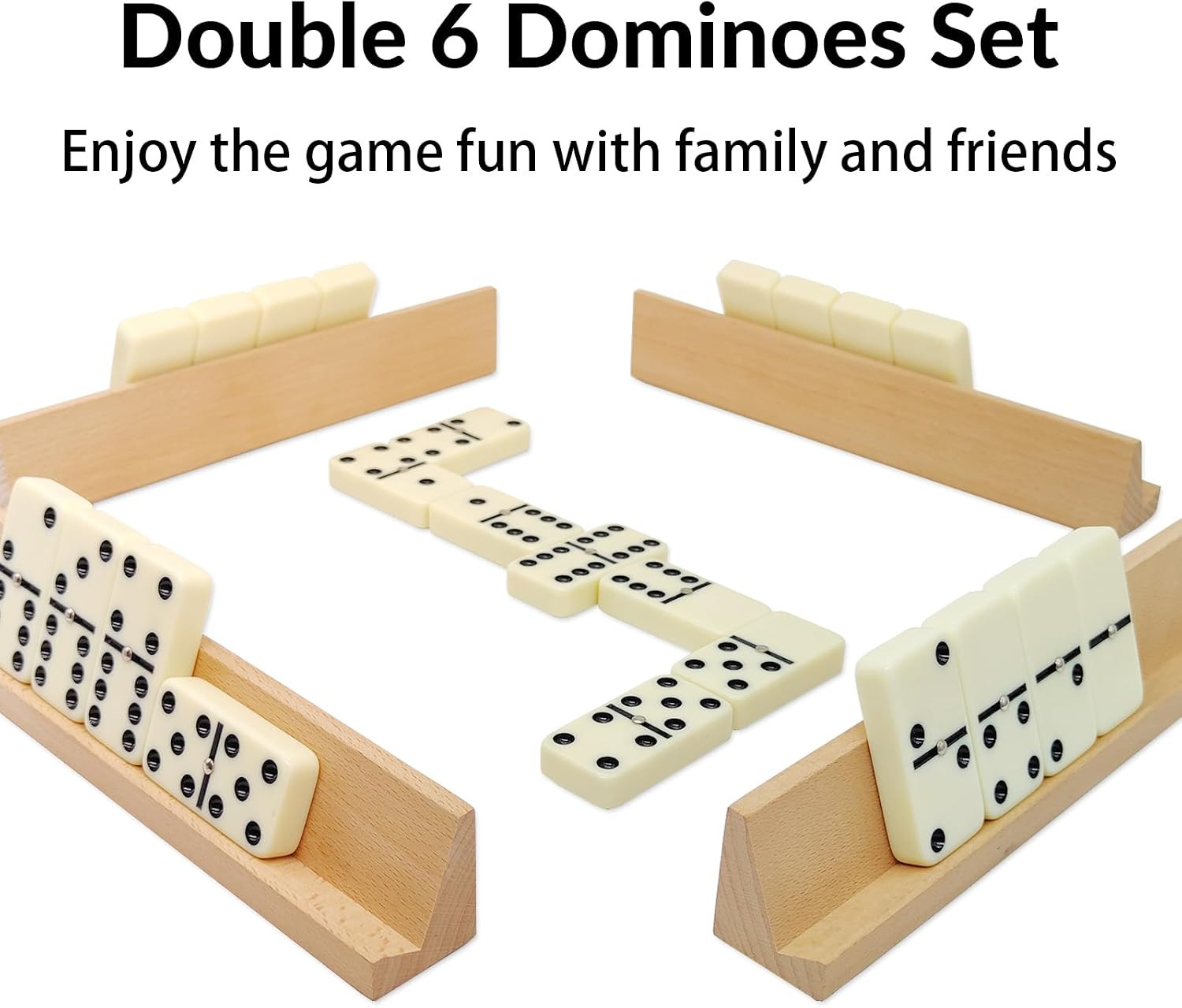 Dominos Set for Adults with 4 Wooden Racks, Double 6 Dominoes Game Set with 28 C
