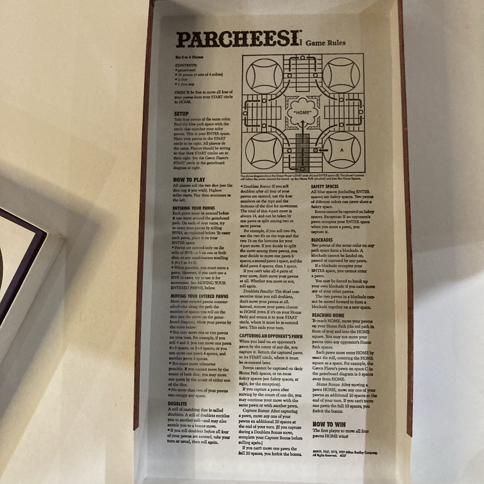 Vintage 1989 Parcheesi Board Game By Milton Bradley Complete Good Condition