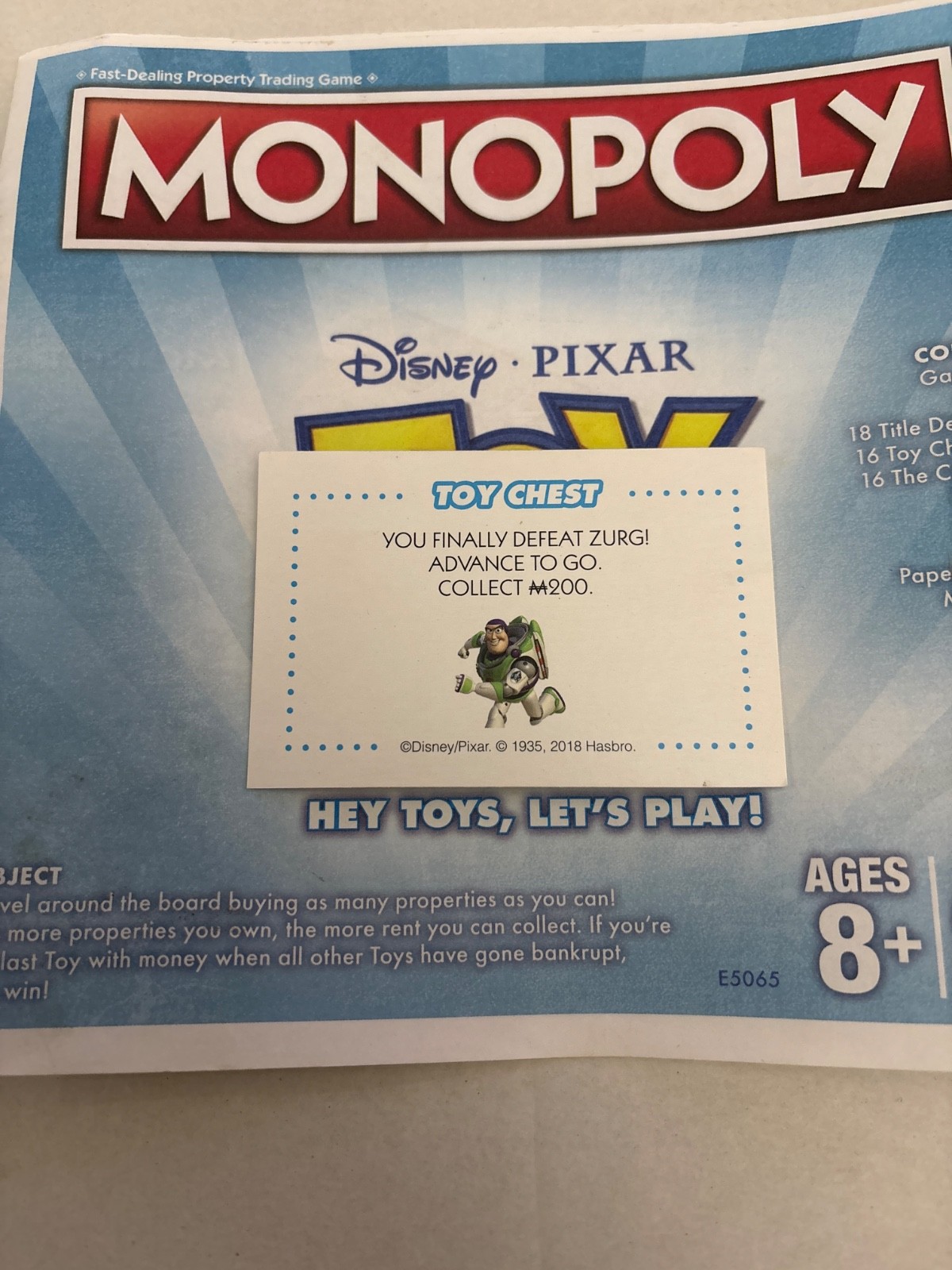 2018 Monopoly Toy Story Defeat Zurg Advance To Go Community Chest Card Game