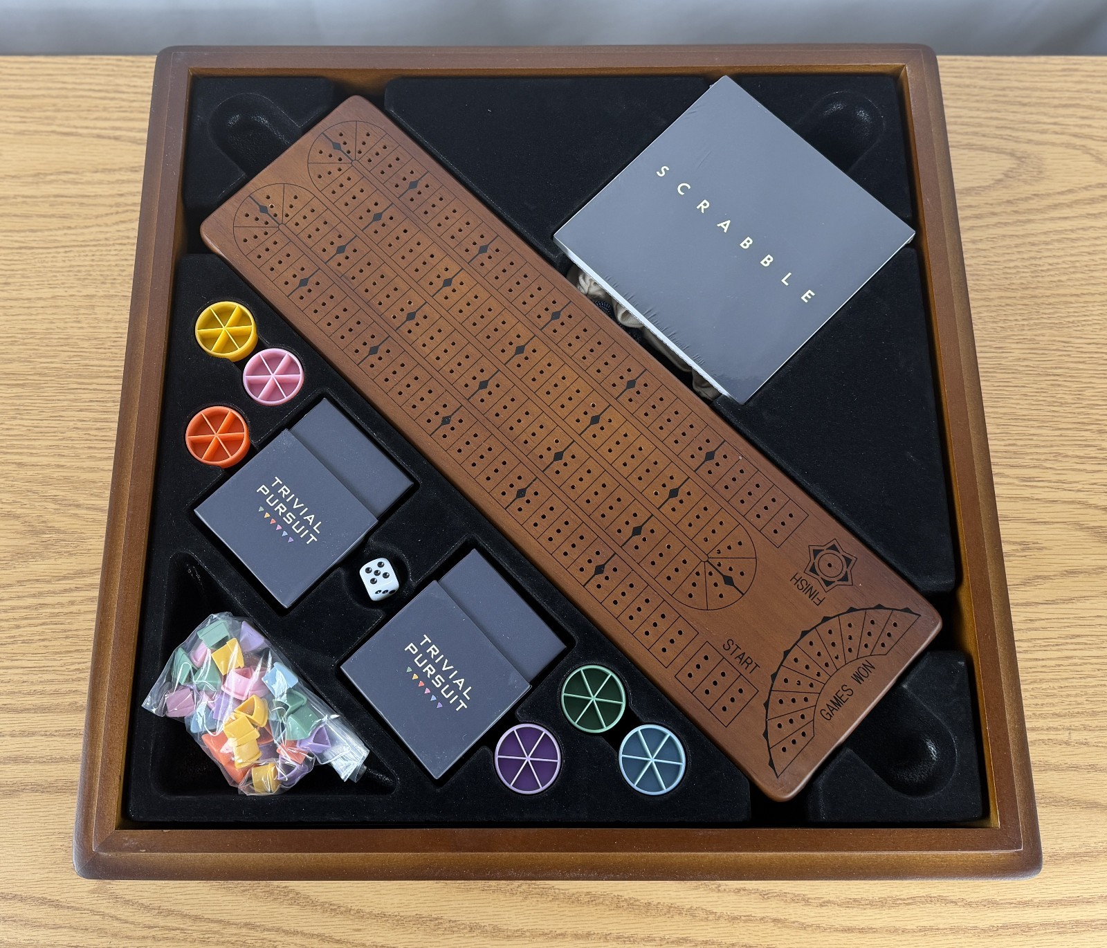 Scrabble 3-in-1 Premium Game Collection w/ Trivial Pursuit & Cribbage Open Box