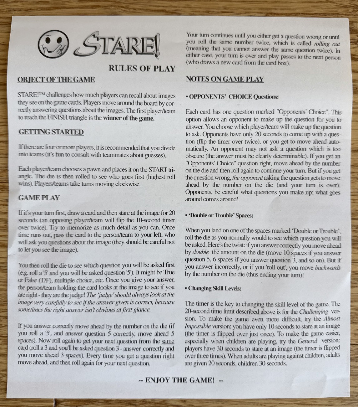 Stare! Can You Get It? Board Game 1st Ed Test Your Memory, Observe, Recall