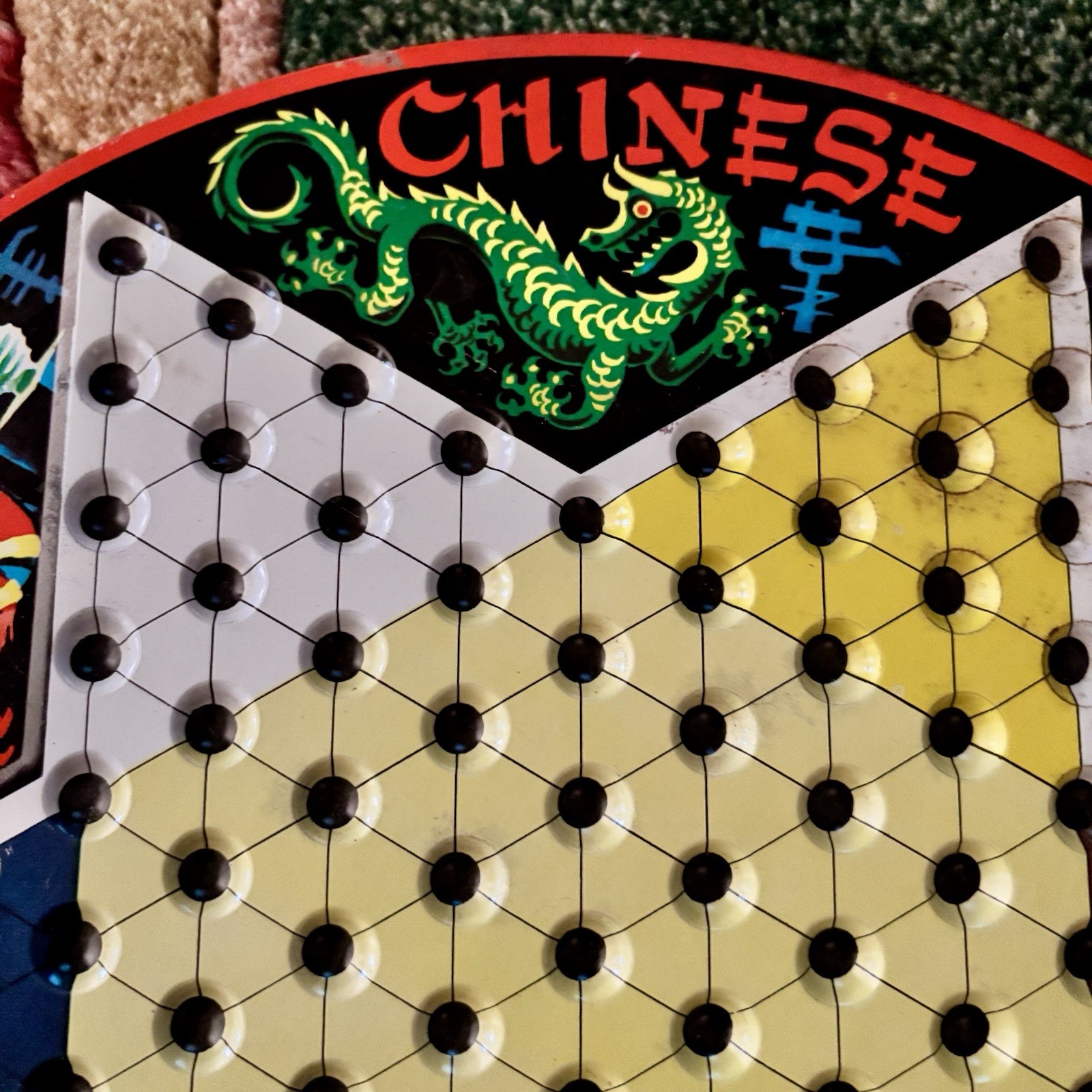 VTG Metal Tin Pixie Game Chinese Checkers Game Green Dragon w/Marbles Checkers