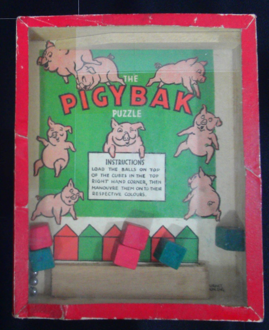 R JOURNET Pigybak Puzzle Vintage 1940s Dexterity Game England Original Glass Box
