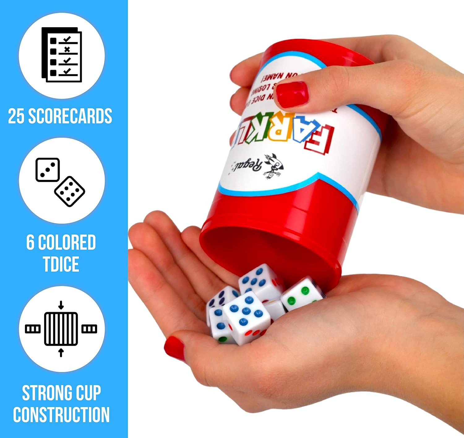 – Farkle Classic Dice Game W/ 6 Colored Dice, 1 Convenient Dice Cup for Easy Sha
