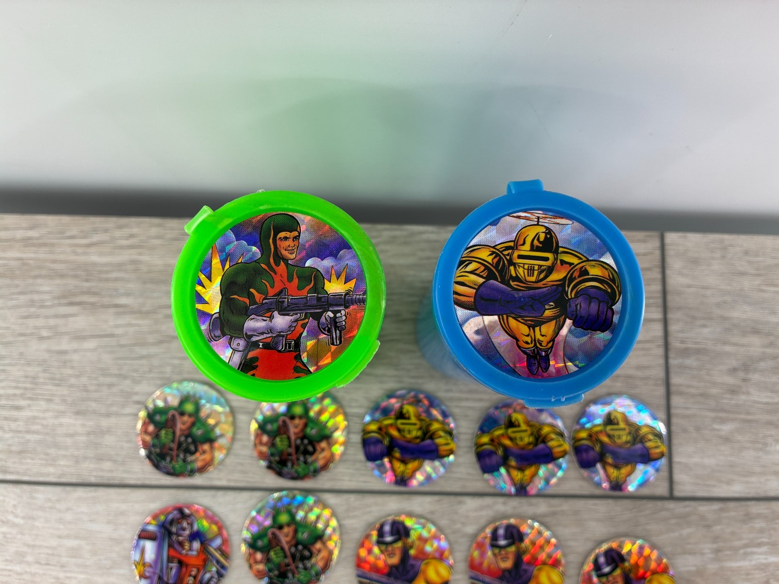 Vintage Superhero Holographic Reflective Pog Milk Cap Lot 1990s Two Containers