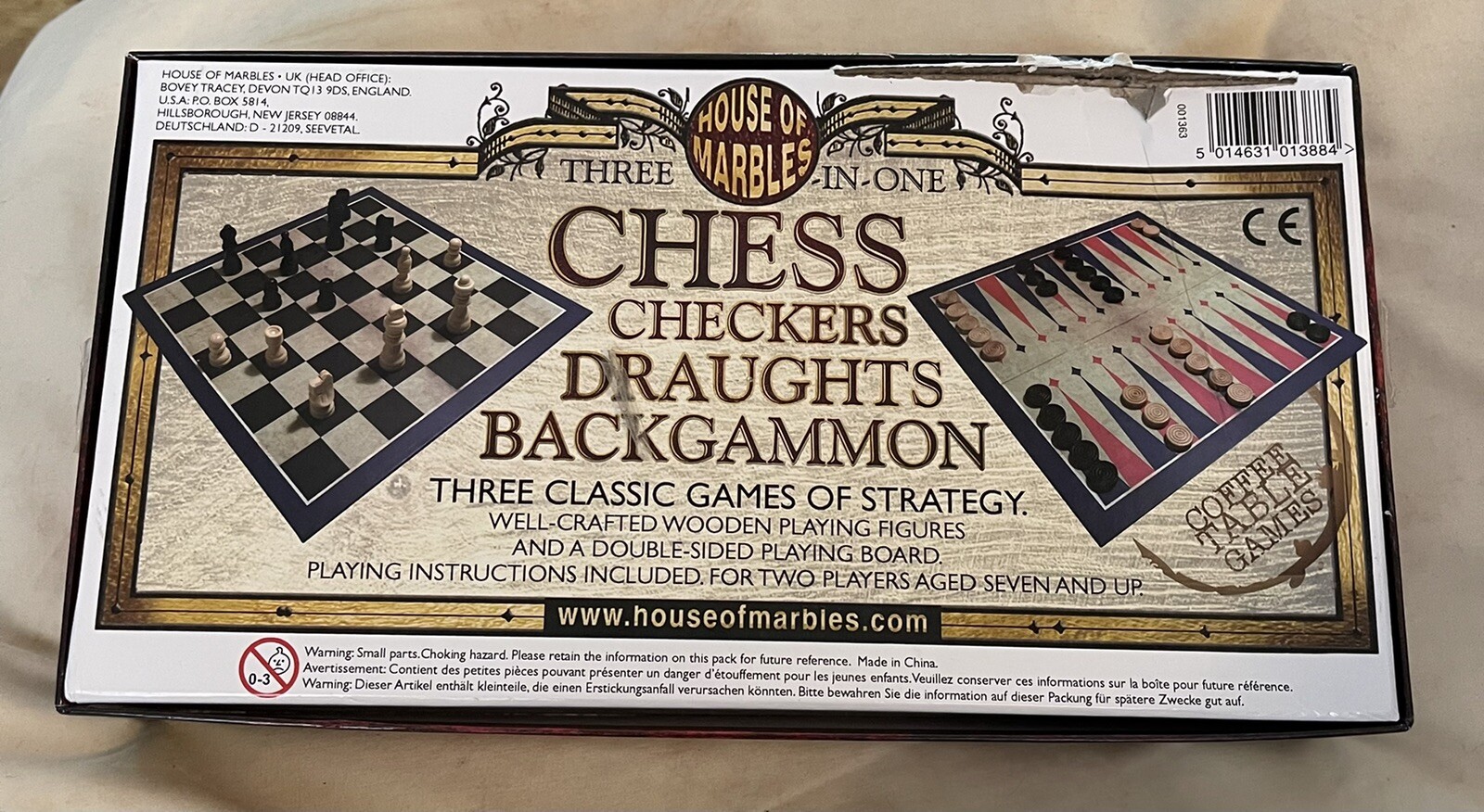 3-in-1 Chess, Draughts/Checkers, & Backgammon Game Ages 7+ By House Of Marbles