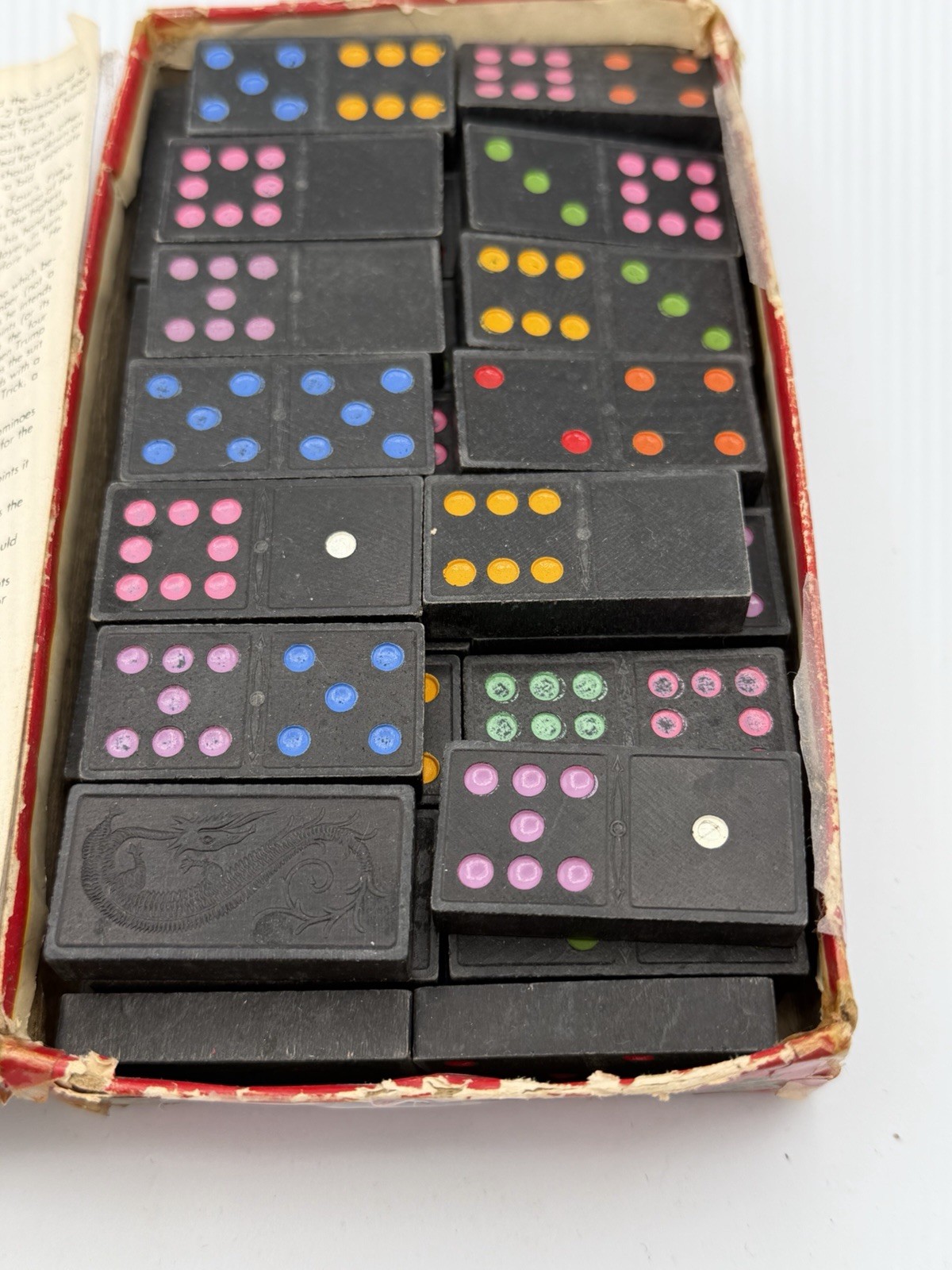 Vintage Double Nine Dominoes Dragon Box Colored Dots 55 Tiles Read