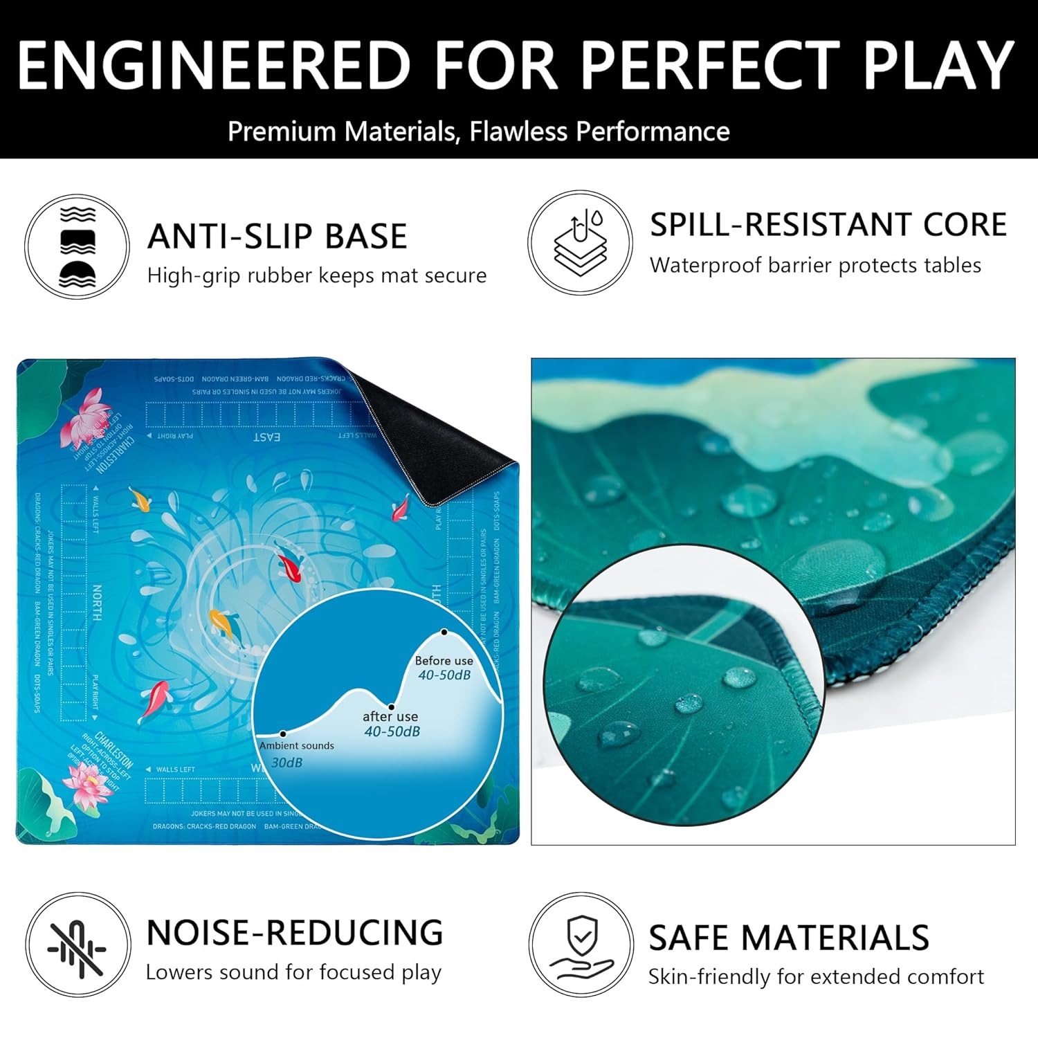 Non Slip Noise Reduction Mahjong Game Table Mat 31.5 x 31.5 Large Size