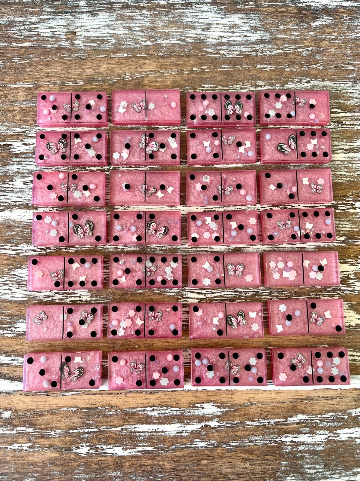 Butterfly Pink Resin Dominoes Game with Velvet Bag 28 pieces Glitter Handmade