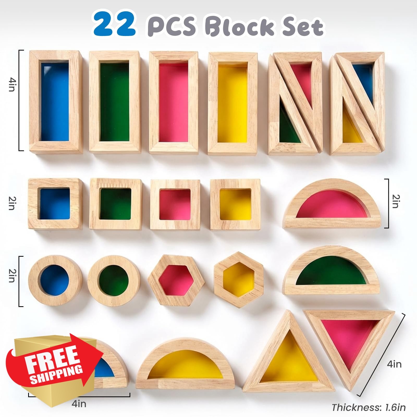 WOODENFUN 22pcs Wood Blocks Rainbow Stacker Game