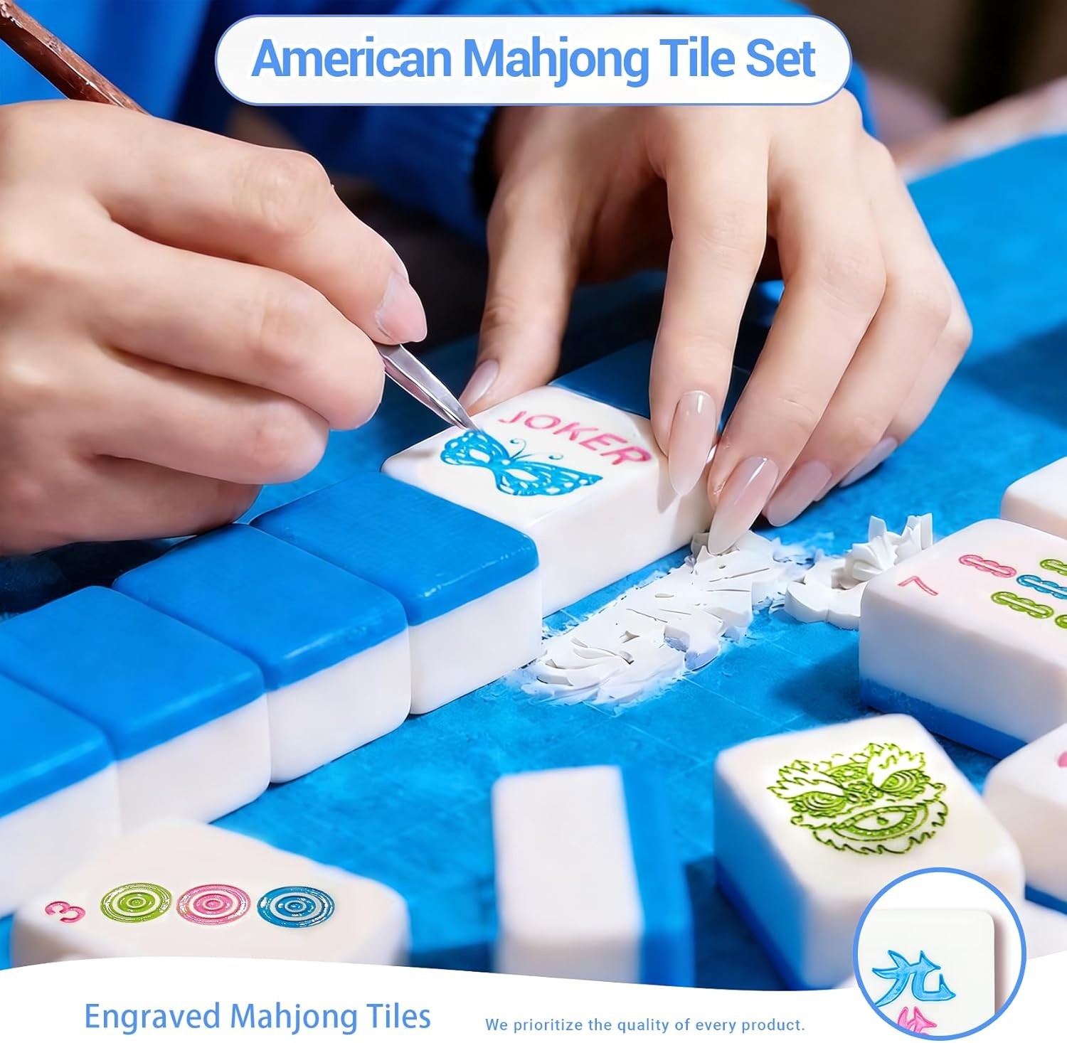 American Mahjong Tile Set, 166 Blue Tiles (1.2”), Mahjong Tile Set with Carrying