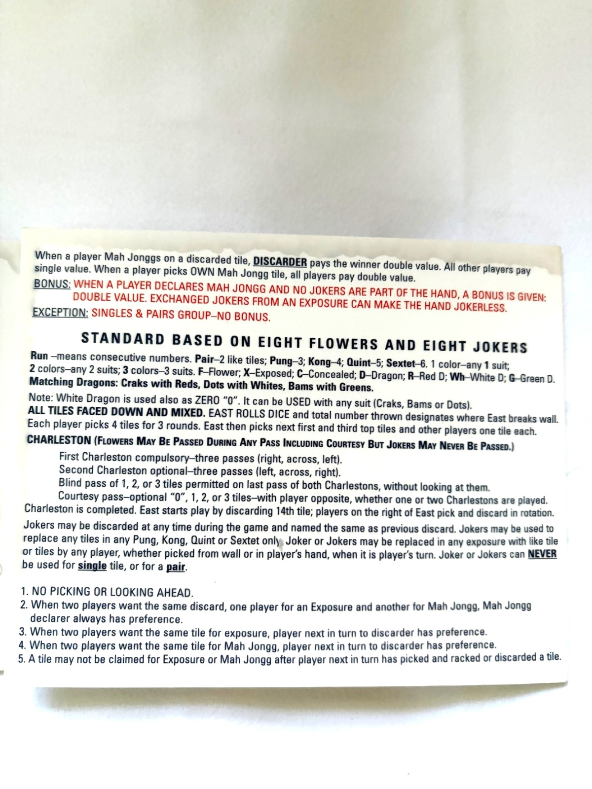 2012 National Mah Jongg League 1 Card 75th YR Official Hands & Rules Standard