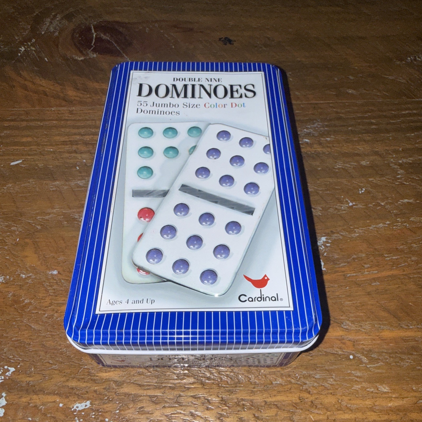 Double Nine Dominoes (55 Jumbo Size Color Dot) by Cardinal With Tin Container