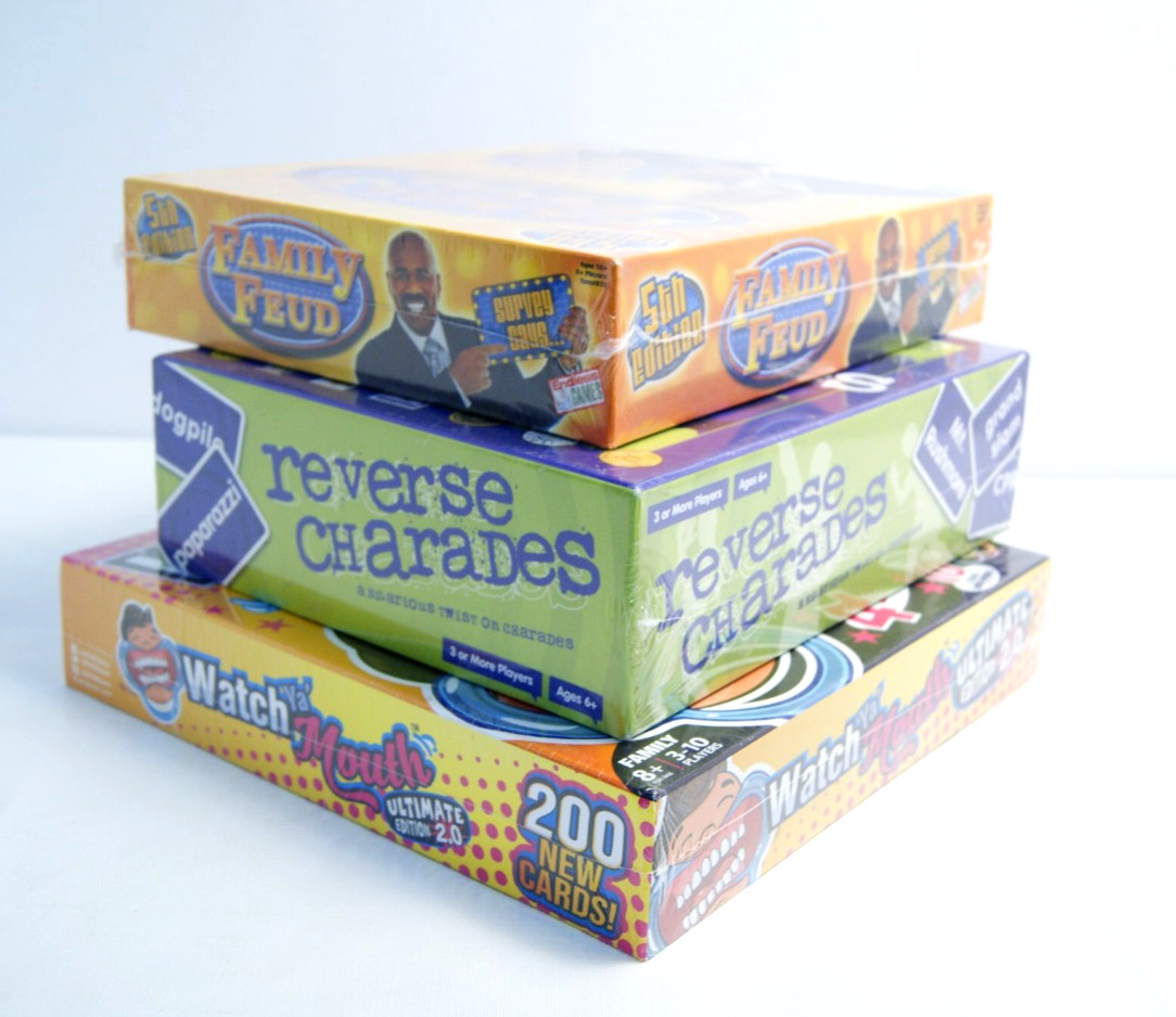 Party Game Lot (3): Watch Ya Mouth, Family Feud, Reverse Charades New Sealed
